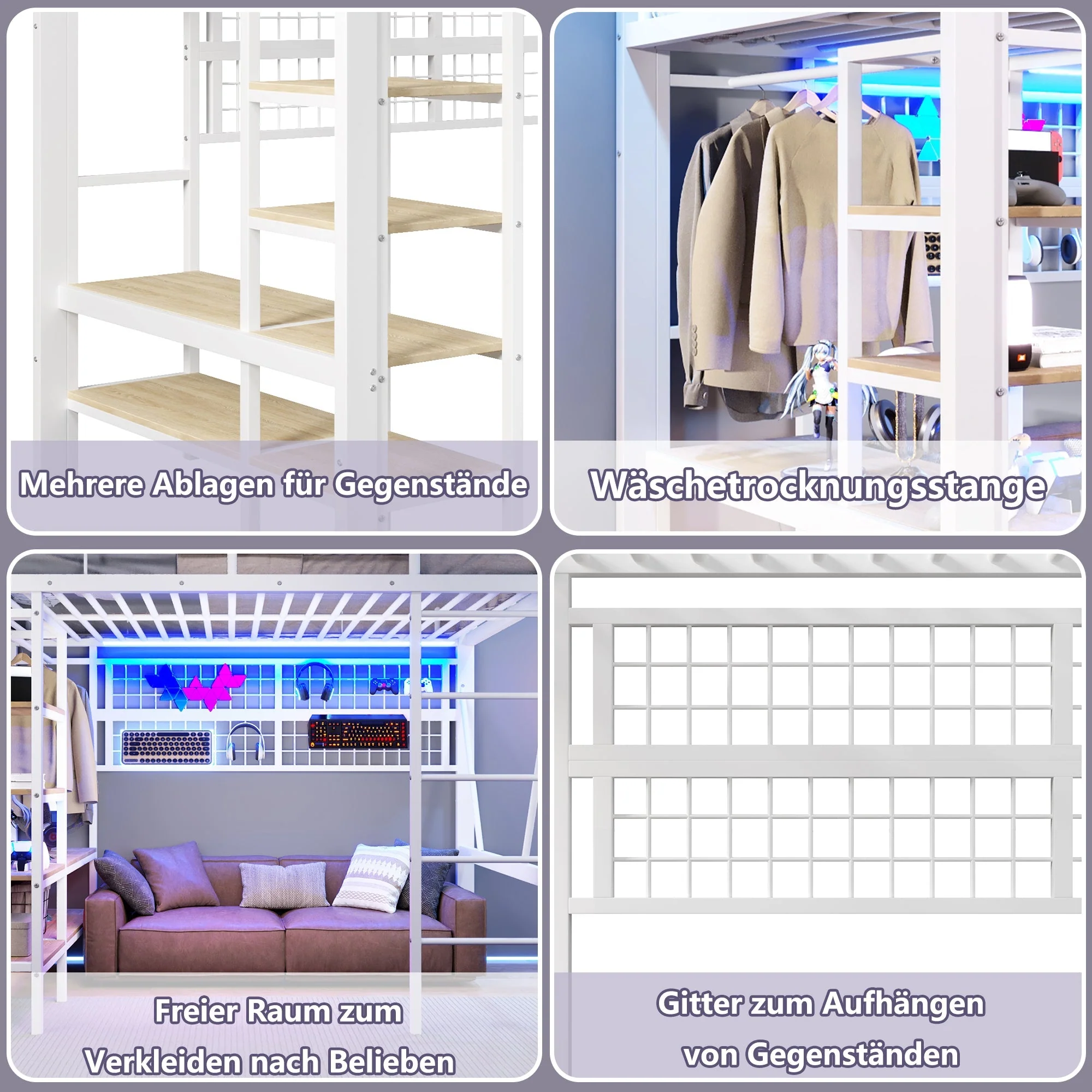 Loft Bed with Storage, LED Light and Clothes Rail, 140 x 200 cm, White Iron Frame - Image 5