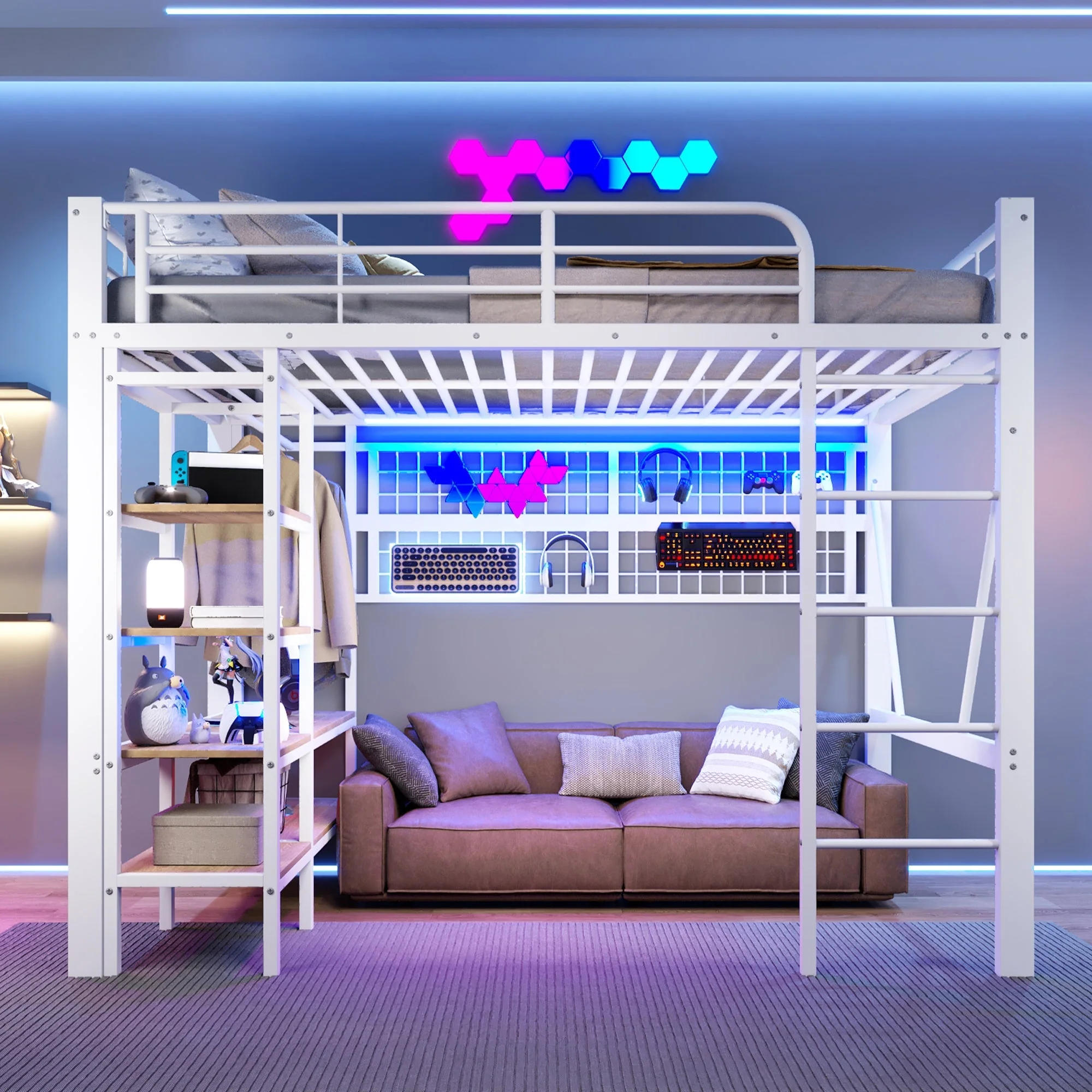 Loft Bed with Storage, LED Light and Clothes Rail, 140 x 200 cm, White Iron Frame - Image 6