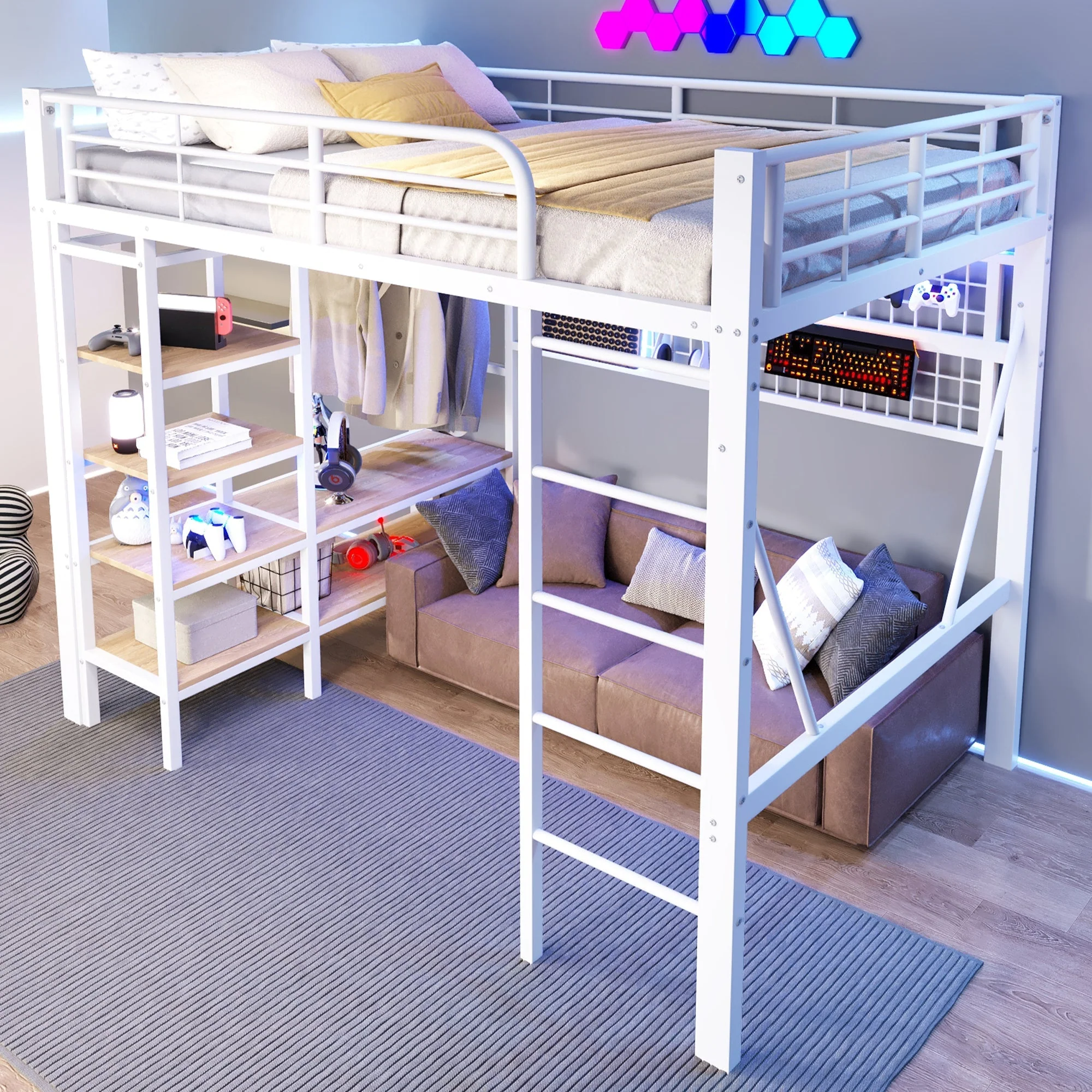 Loft Bed with Storage, LED Light and Clothes Rail, 140 x 200 cm, White Iron Frame - Image 8