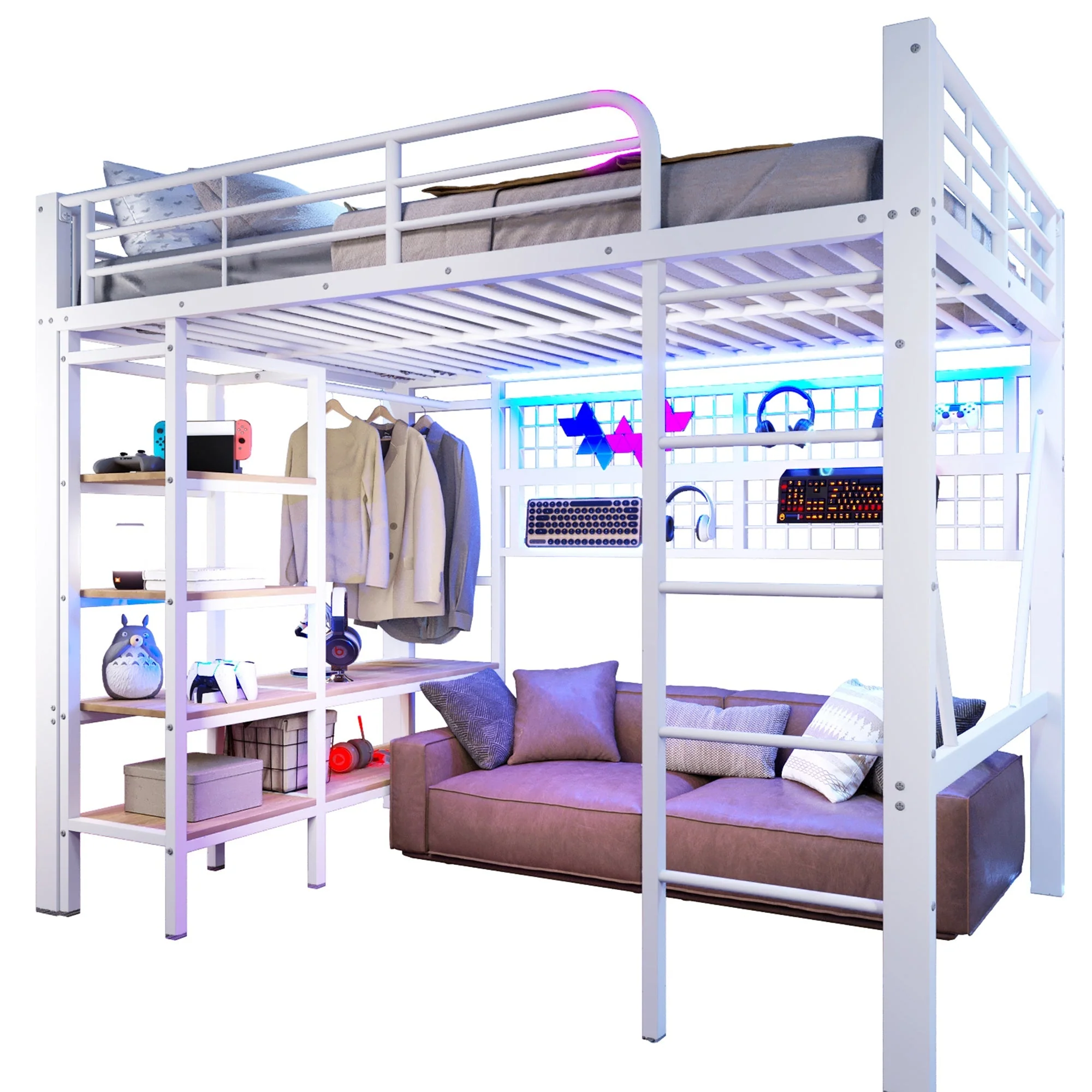 Loft Bed with Storage, LED Light and Clothes Rail, 140 x 200 cm, White Iron Frame - Image 9