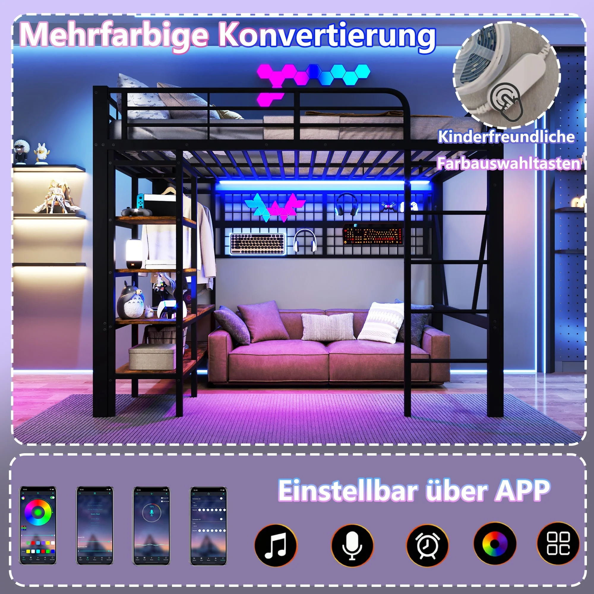 Loft Bed with Storage, Net, Clothes Rail and LED Light Strip, Iron Frame, Black - Image 3