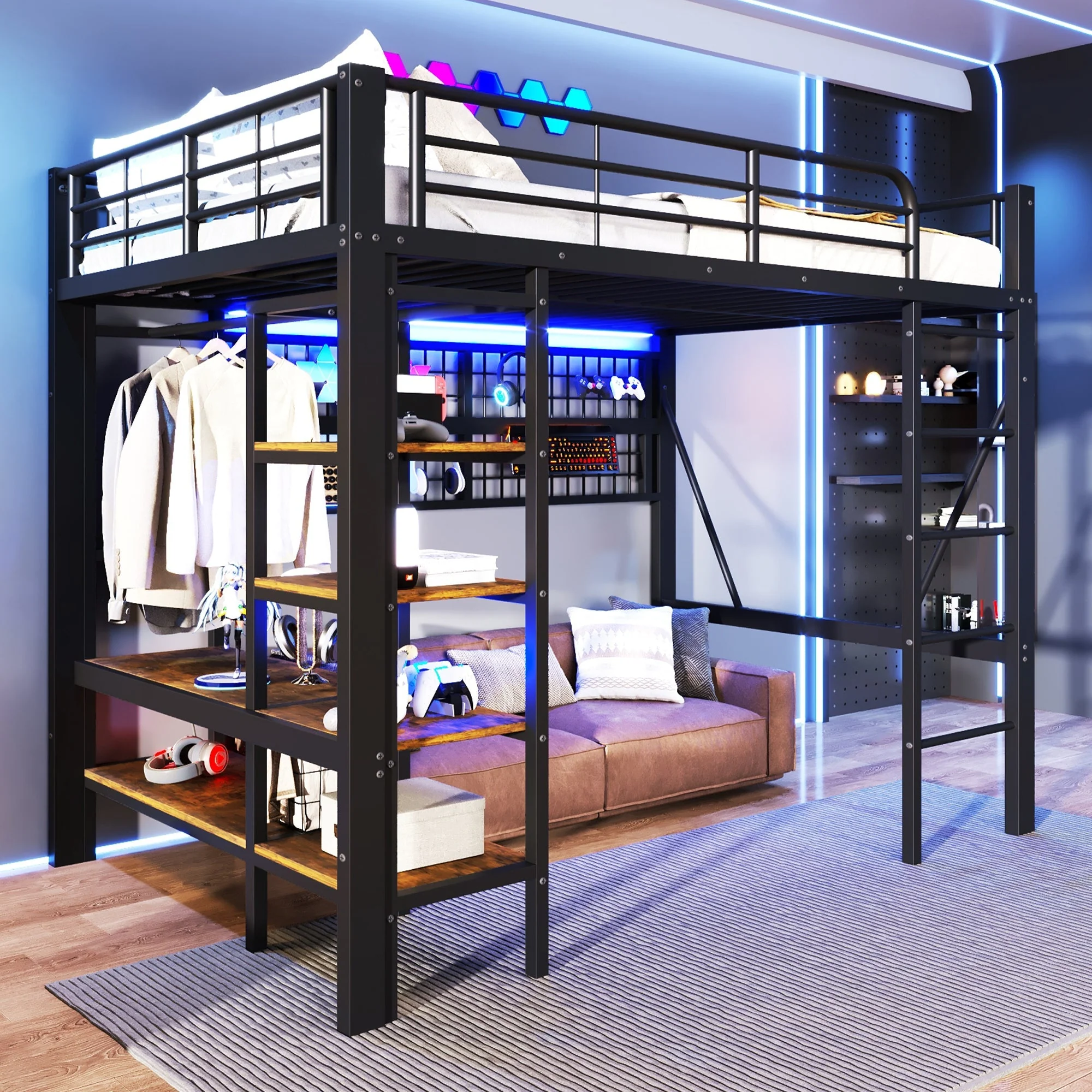 Loft Bed with Storage, Net, Clothes Rail and LED Light Strip, Iron Frame, Black - Image 7