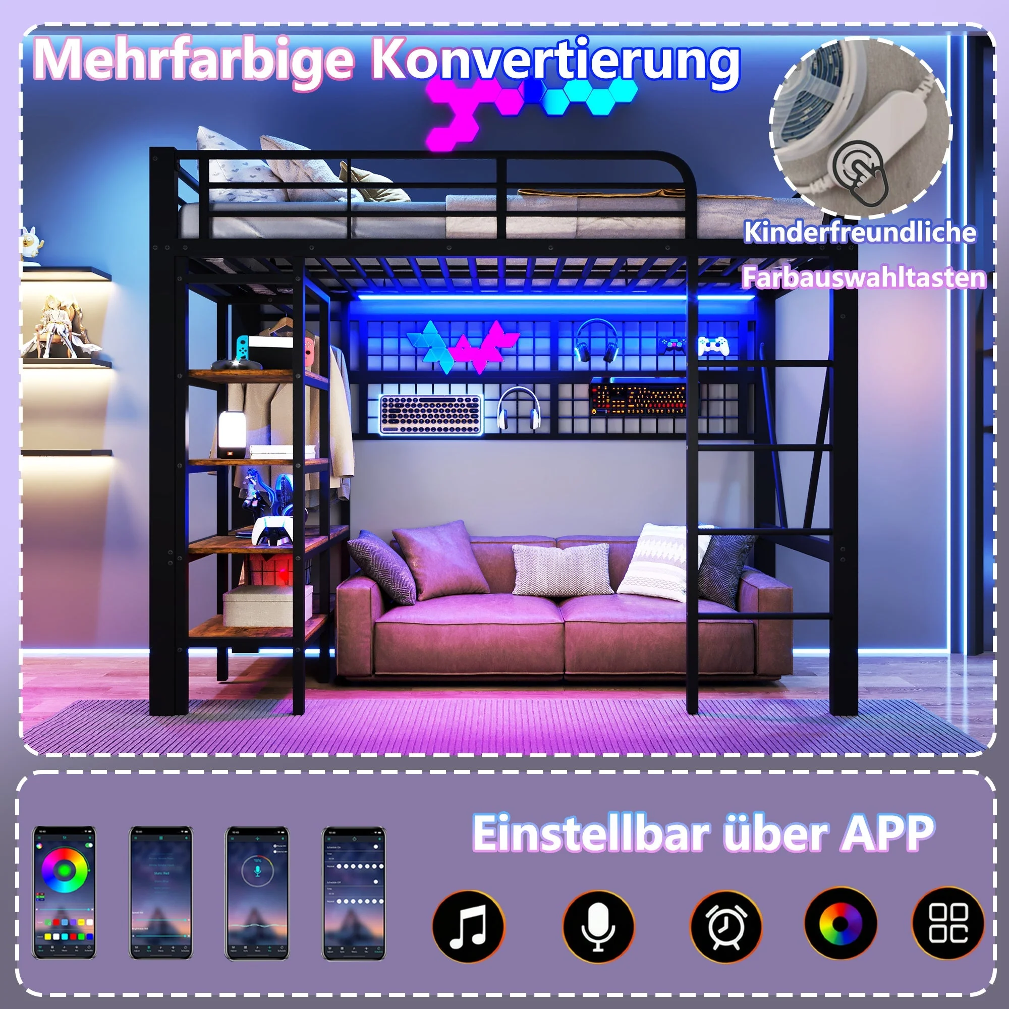 Loft Bed with Storage Shelves, Clothes Rail and LED Light Strip, Black Metal - Image 3