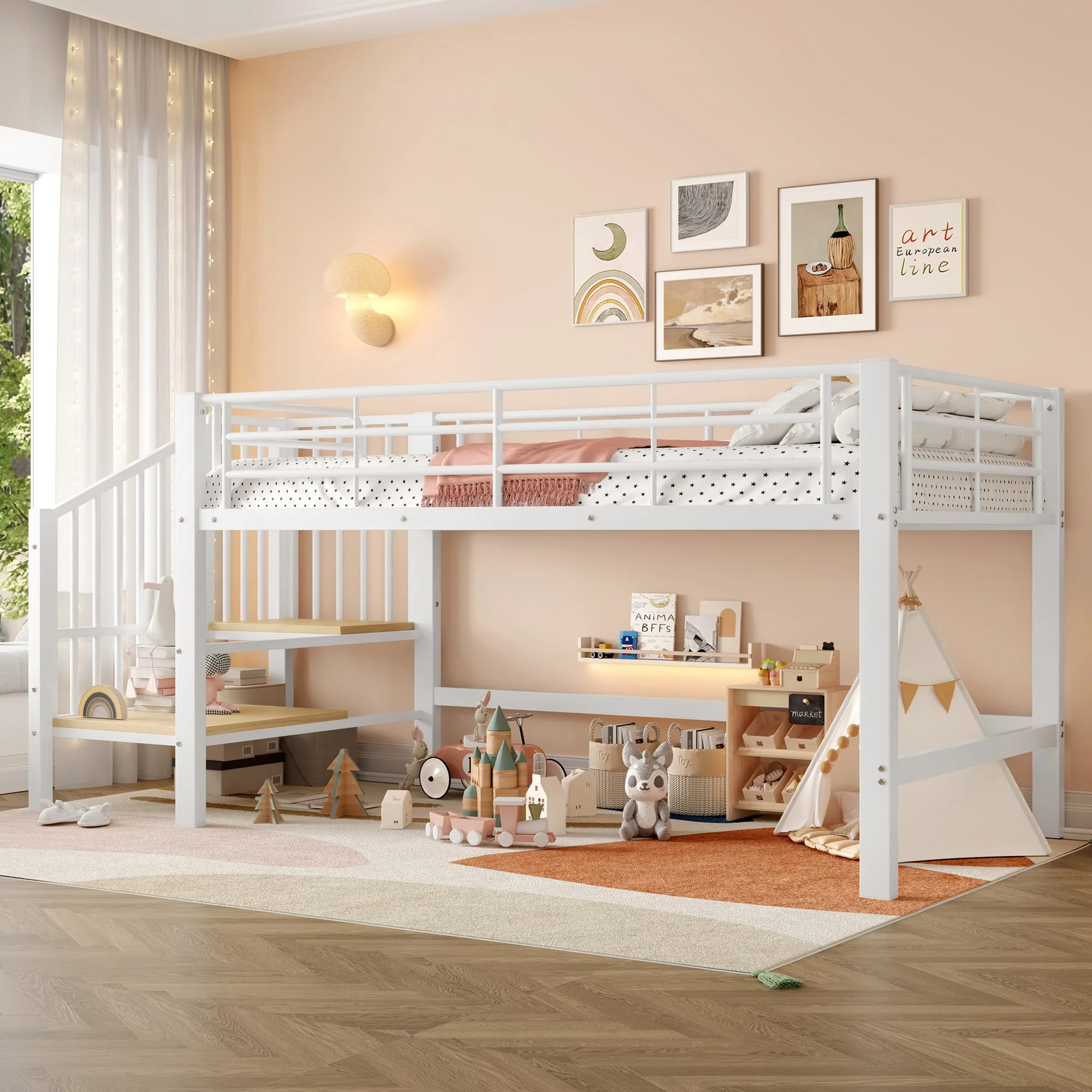 Loft Bed with Storage Stairs, 90 x 200 Semi-High, White