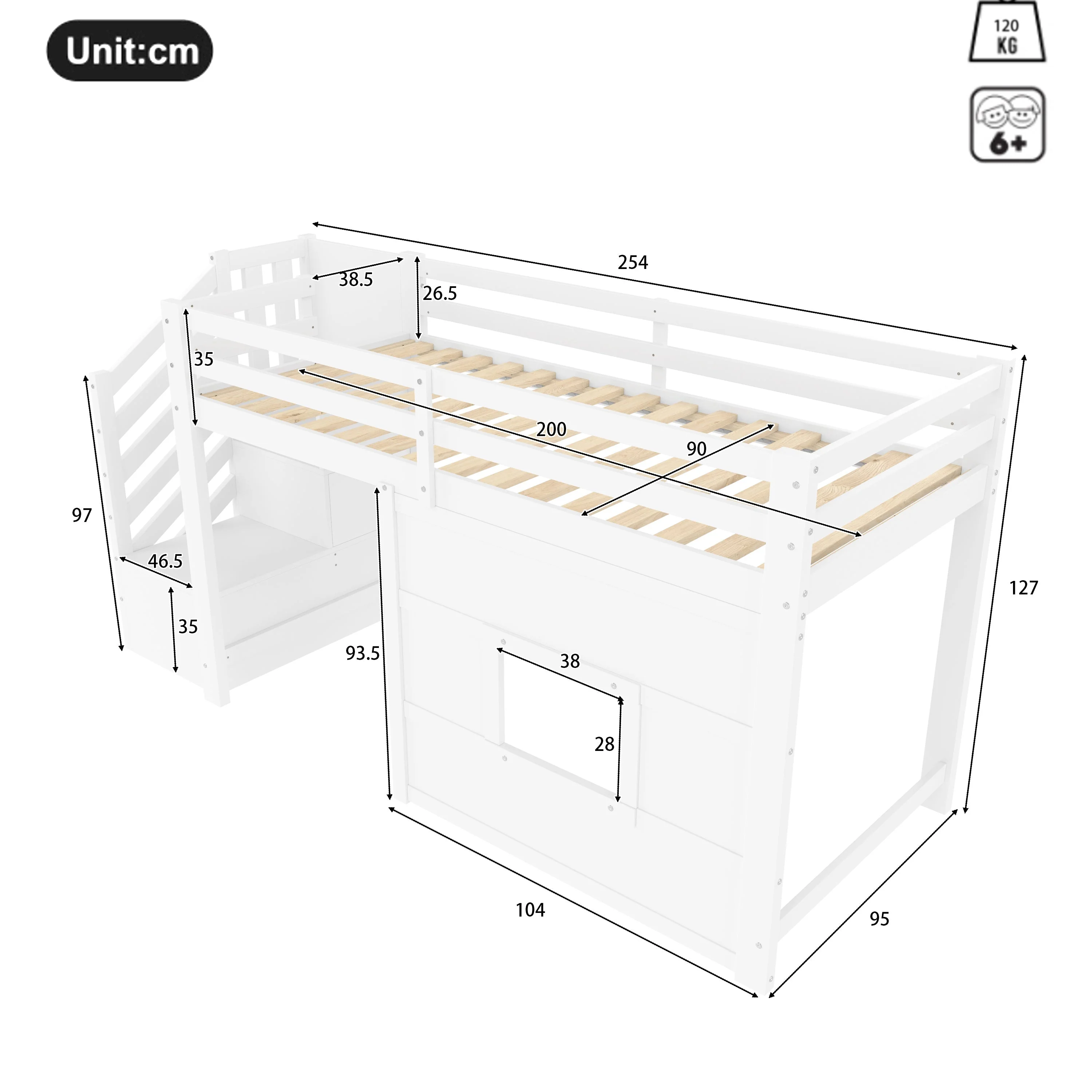 Loft Bed with Storage Stairs and Window, 90x200cm, White Pine Wood + MDF - Image 5