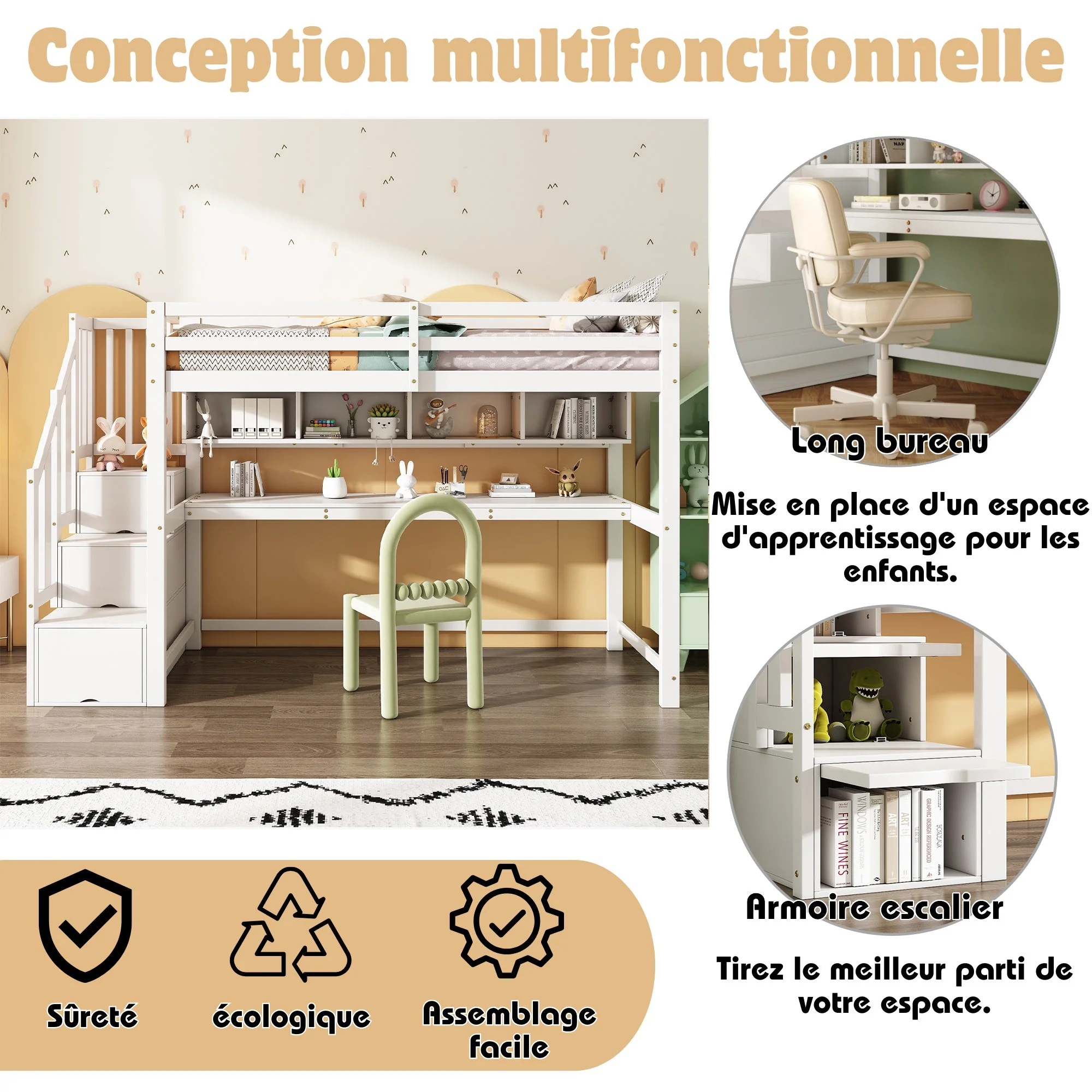 Loft Bed with Storage Stairs, Desk and Shelves, 90x200cm, White Solid Wood + MDF - Image 5