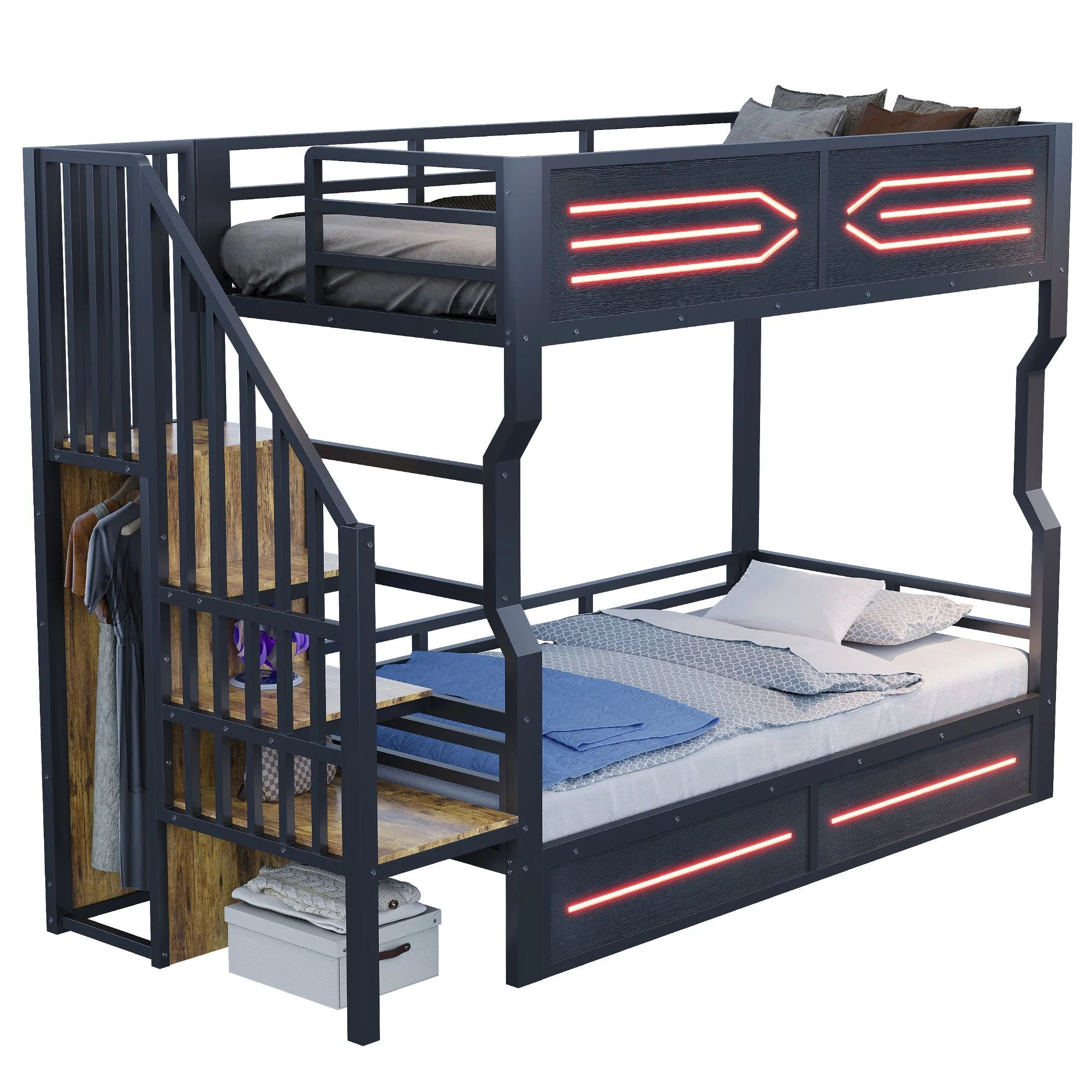 Loft Bed with Storage Stairs, LED Lighting and High Railing, 90x200cm, Black Iron - Image 5