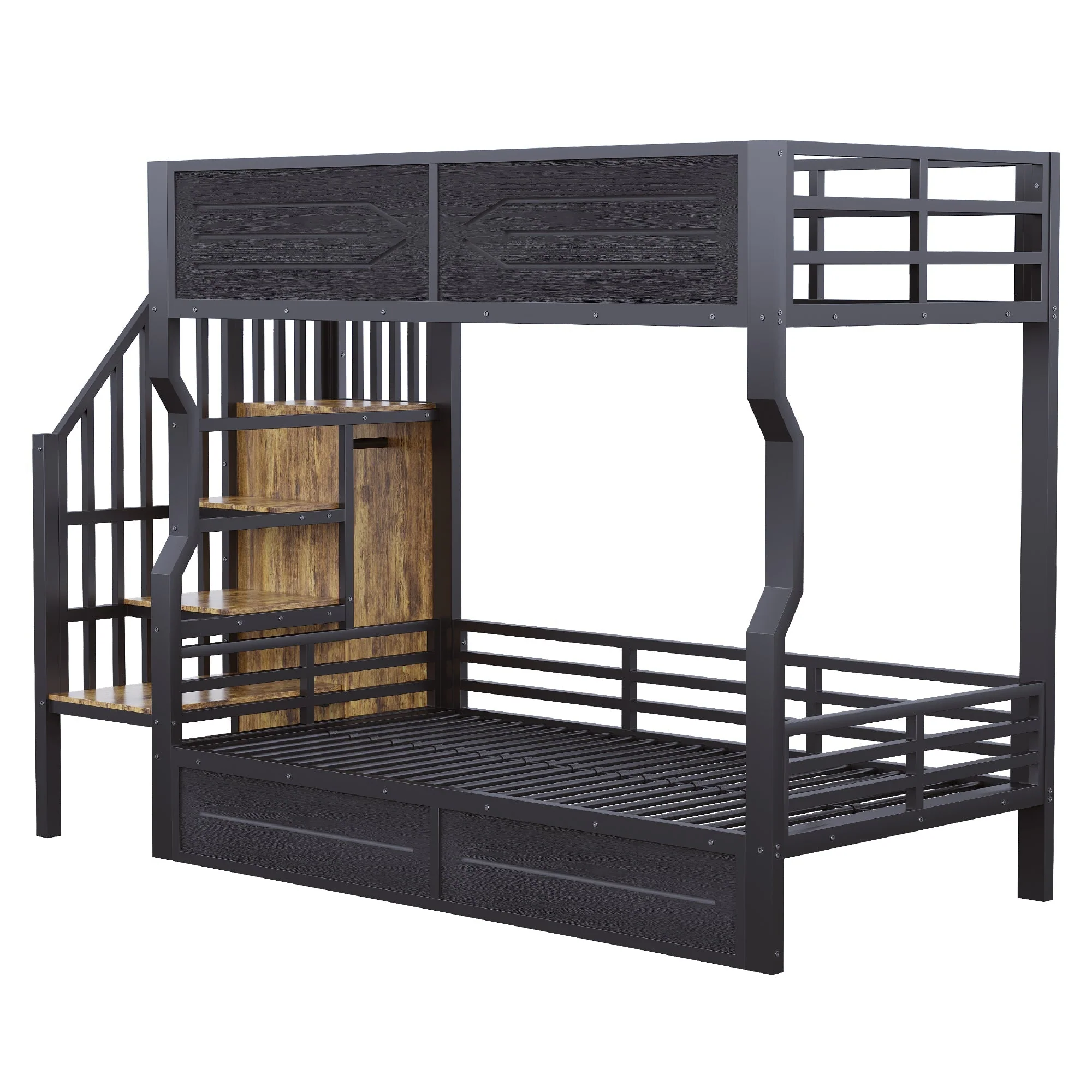 Loft Bed with Storage Stairs, LED Lighting and High Railing, 90x200cm, Black Iron - Image 7