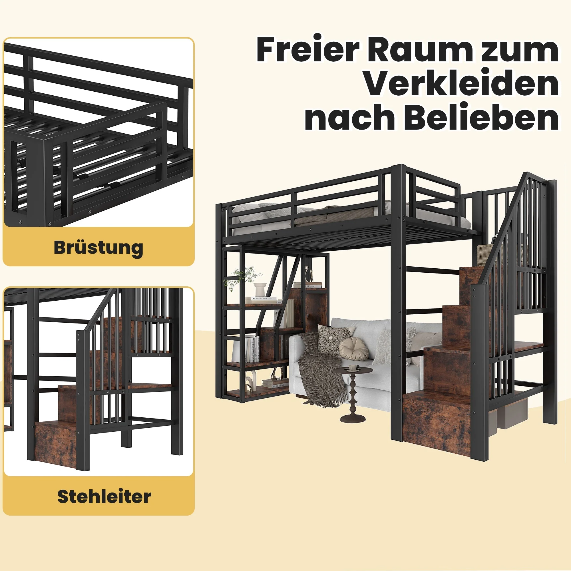 Loft Bed with Storage Steps and LED Light Strip, Black Iron Frame - Image 3