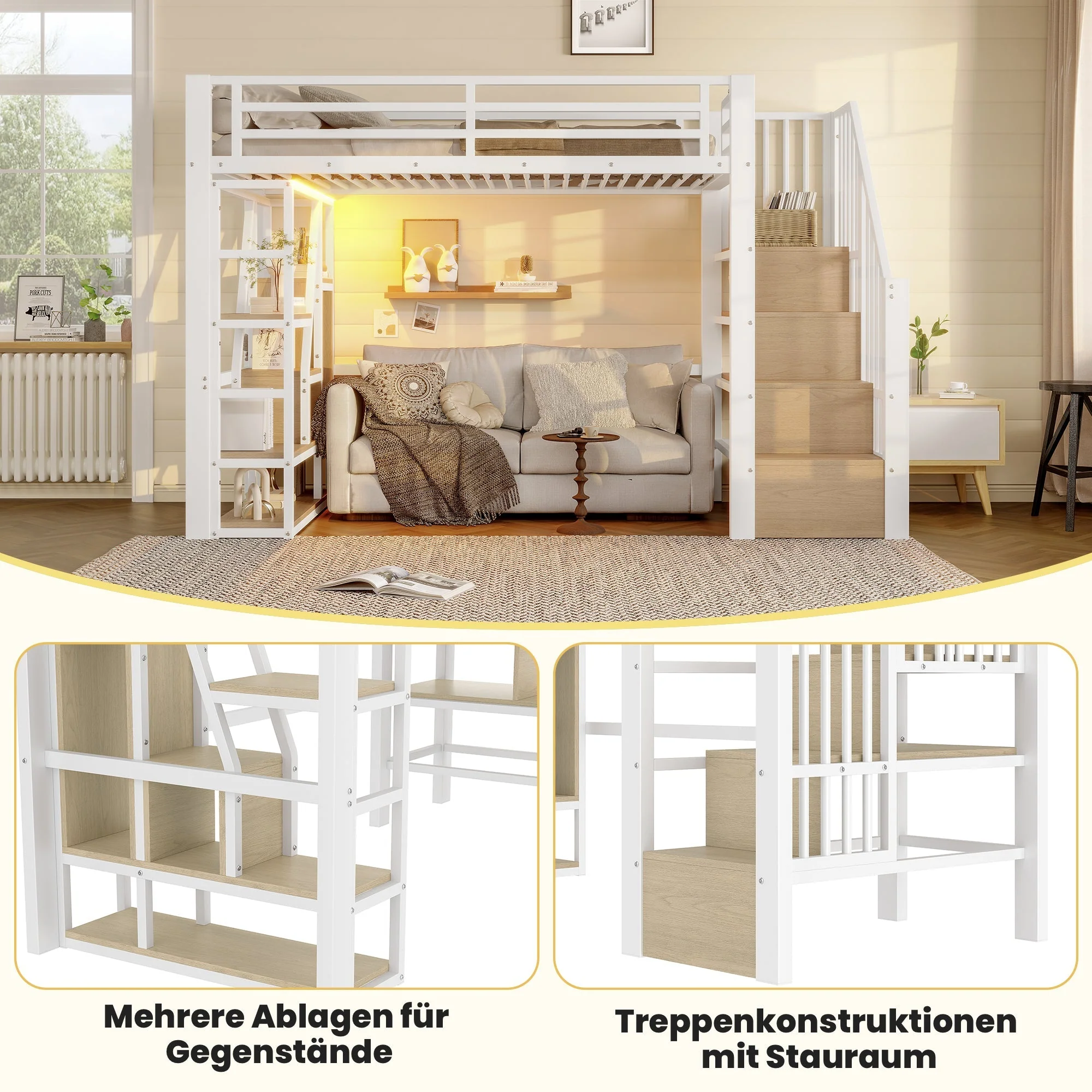Loft Bed with Storage Steps, LED Lights and Iron Frame, 90 x 200 cm, White - Image 4