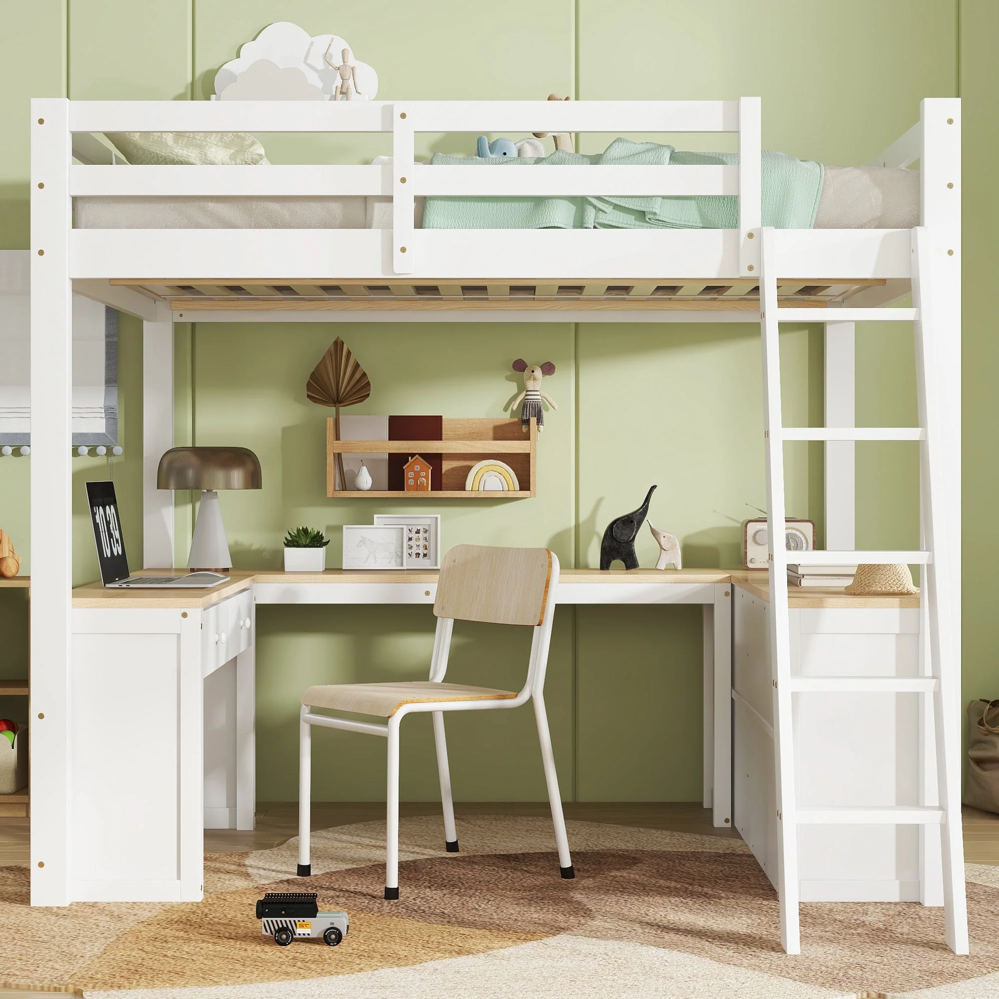 Loft Bed with U-Shaped Desk, Storage Shelf, 140x200cm, White Pine/MDF - Image 5