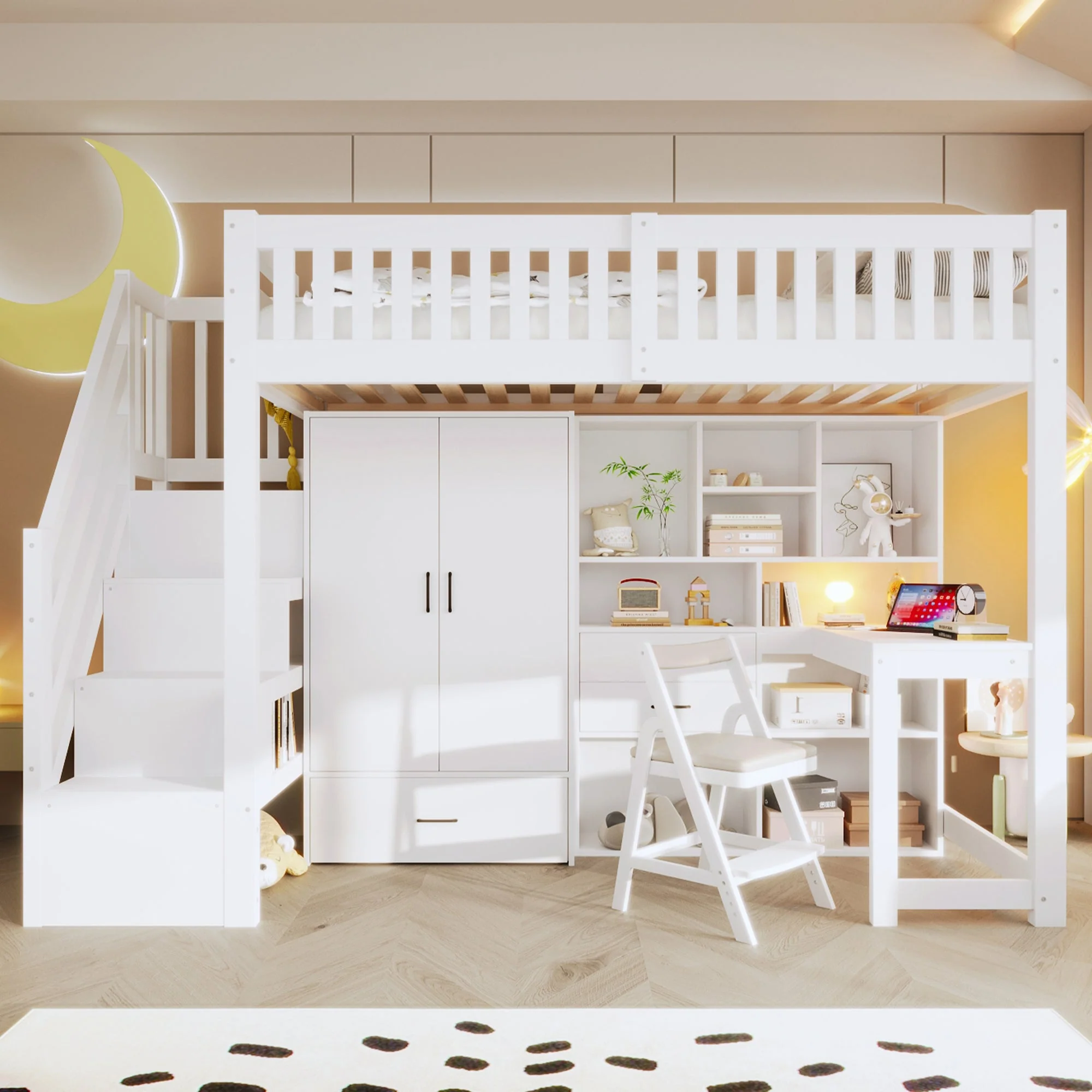 Loft Bed with Wardrobe, Desk and Storage Ladder, White - Image 2