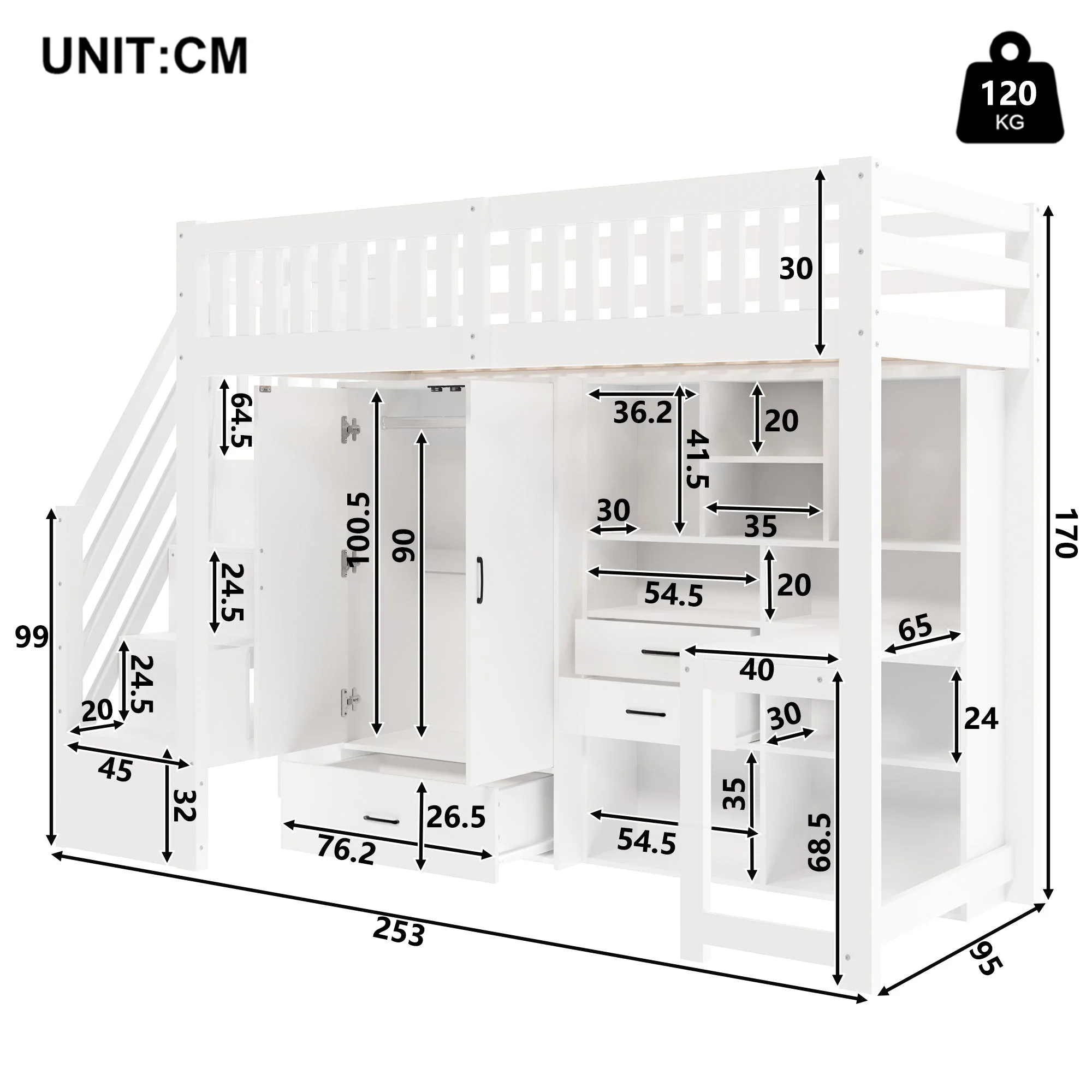 Loft Bed with Wardrobe, Desk and Storage Ladder, White - Image 6