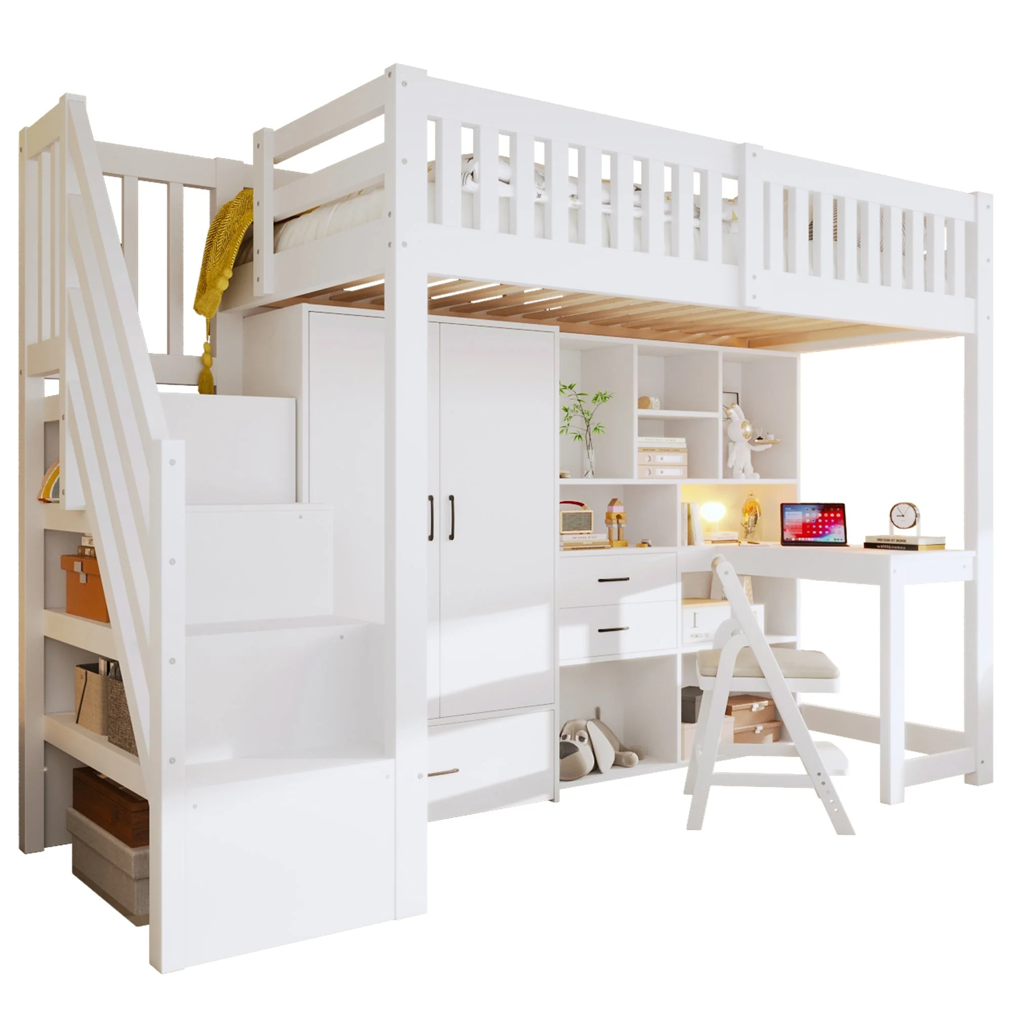 Loft Bed with Wardrobe, Desk and Storage Ladder, White - Image 9