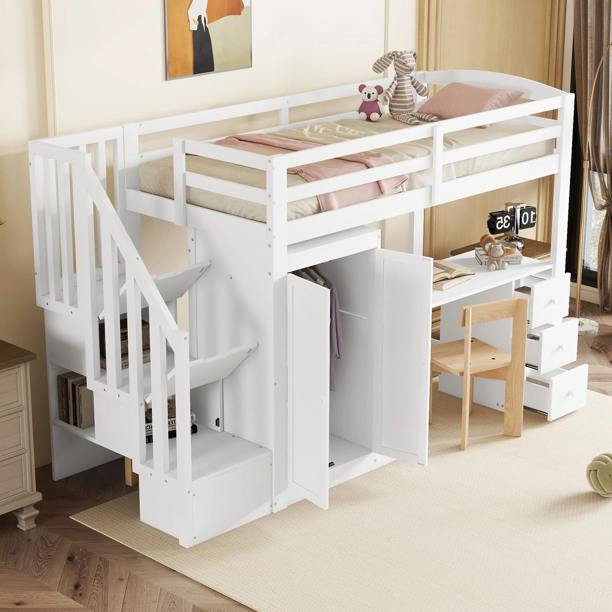 Loft Bed with Wardrobe, Desk, Stairs and Drawers, 90 x 200cm, White - Image 2