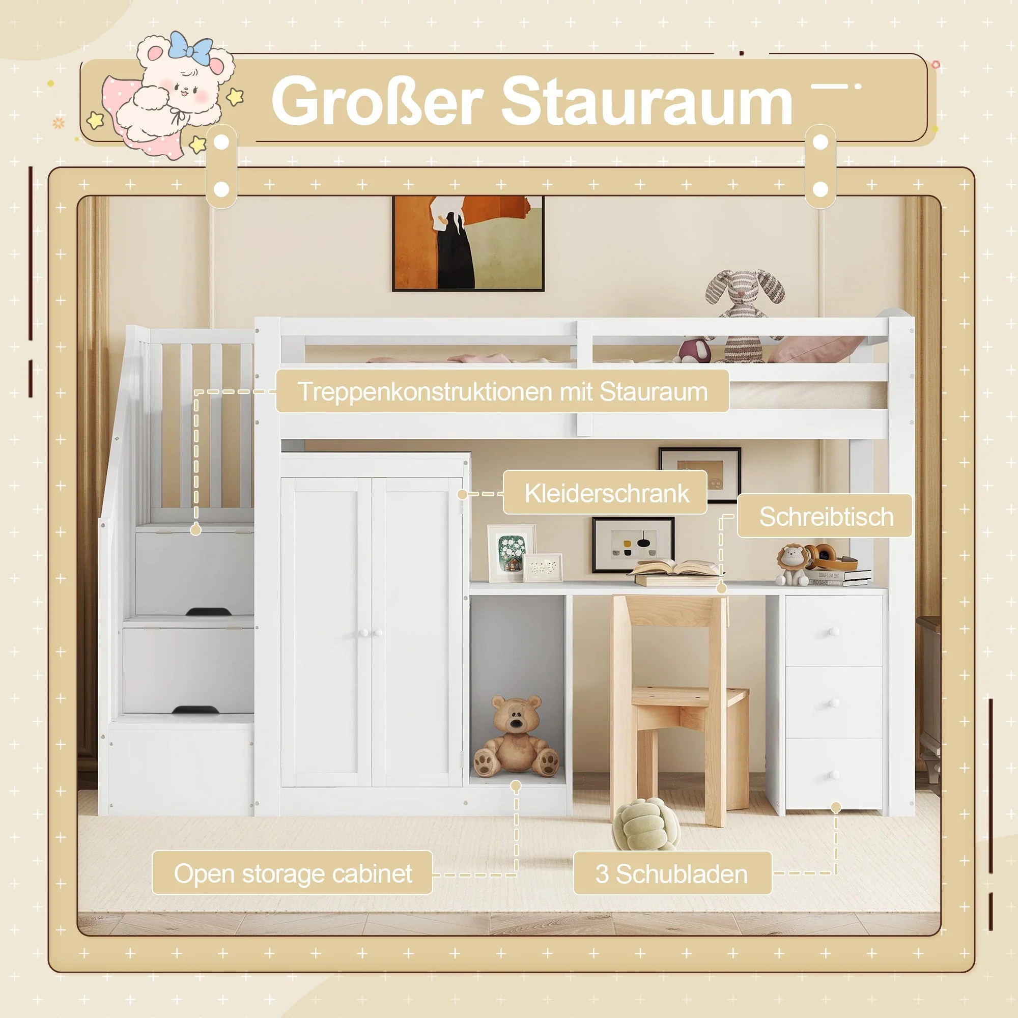 Loft Bed with Wardrobe, Desk, Stairs and Drawers, 90 x 200cm, White - Image 4