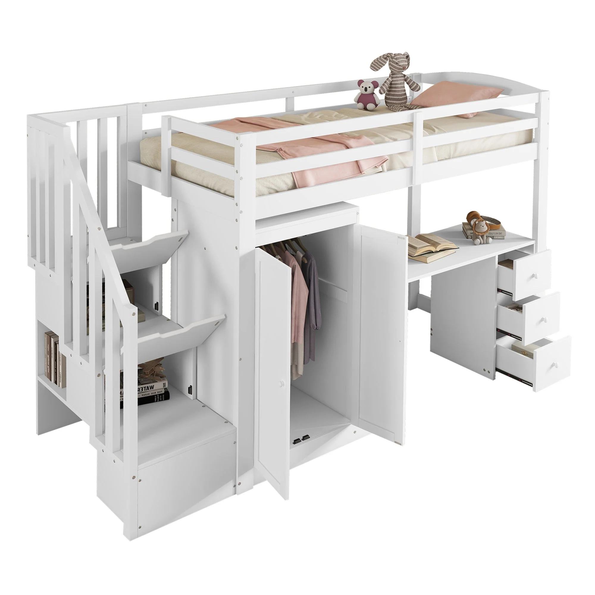 Loft Bed with Wardrobe, Desk, Stairs and Drawers, 90 x 200cm, White - Image 6