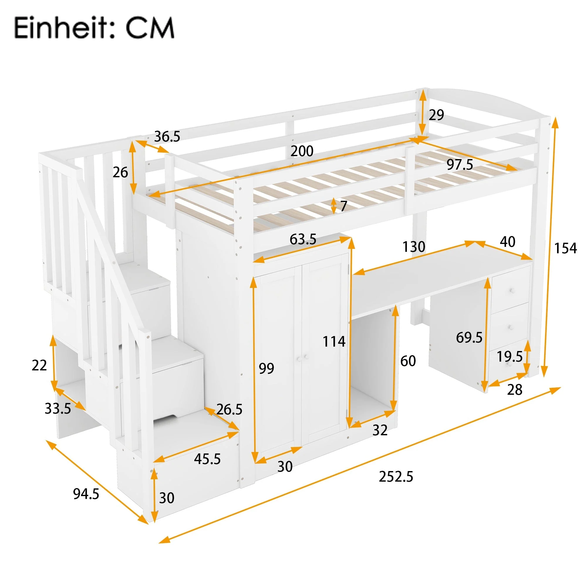 Loft Bed with Wardrobe, Desk, Stairs and Drawers, 90 x 200cm, White - Image 8