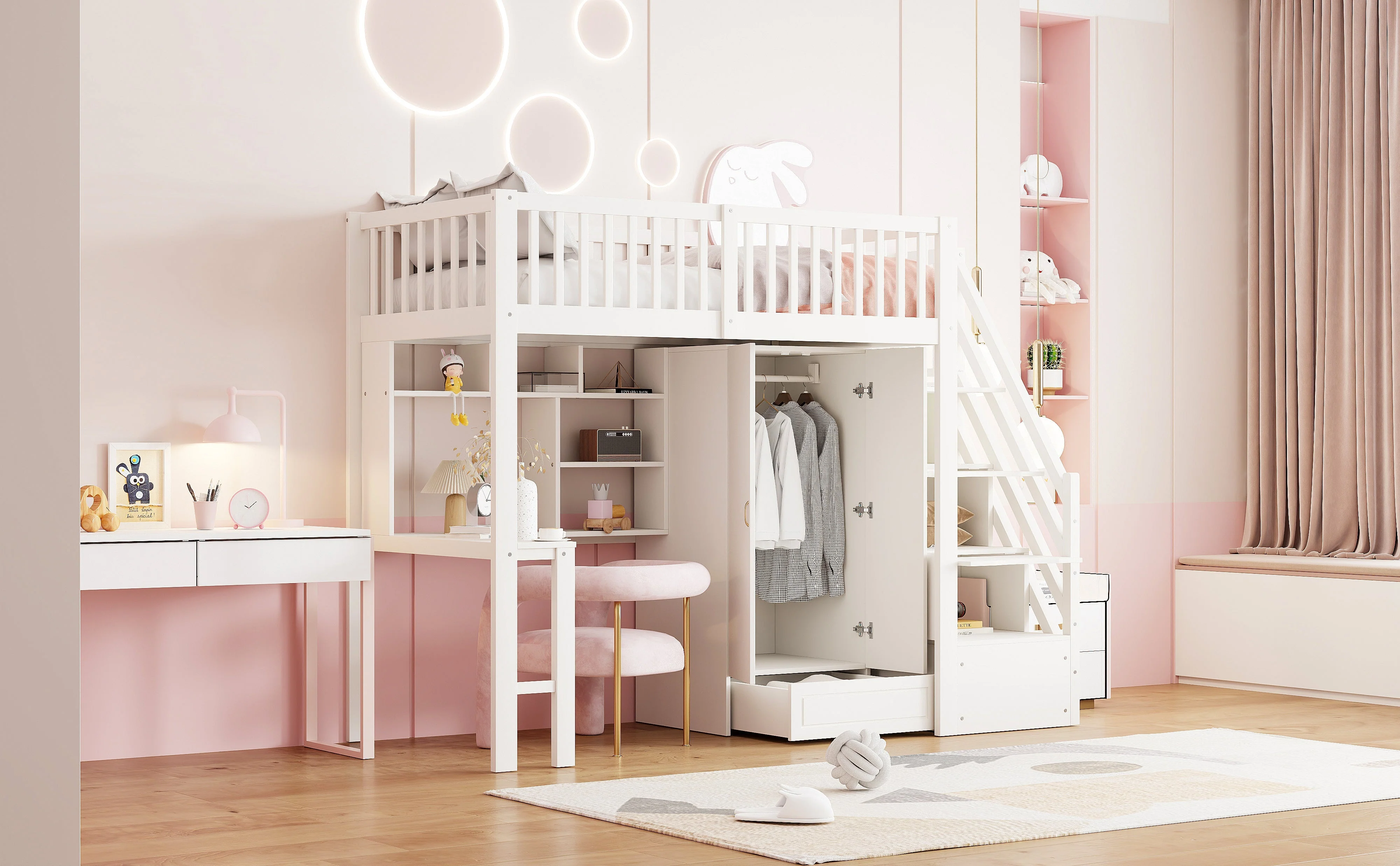 Loft Bed with Wardrobe, Shelf, Table & Storage Stairs, Wooden, White - Image 10