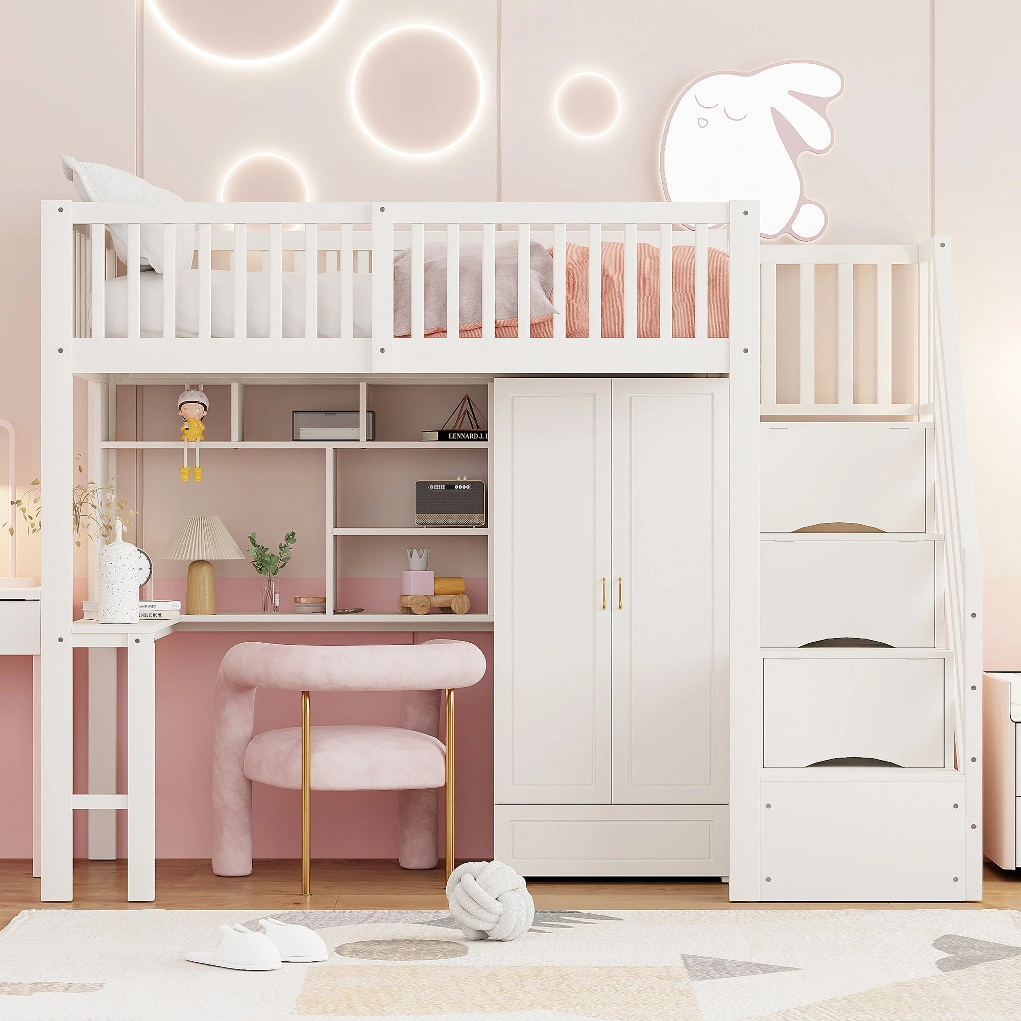 Loft Bed with Wardrobe, Shelf, Table & Storage Stairs, Wooden, White - Image 2