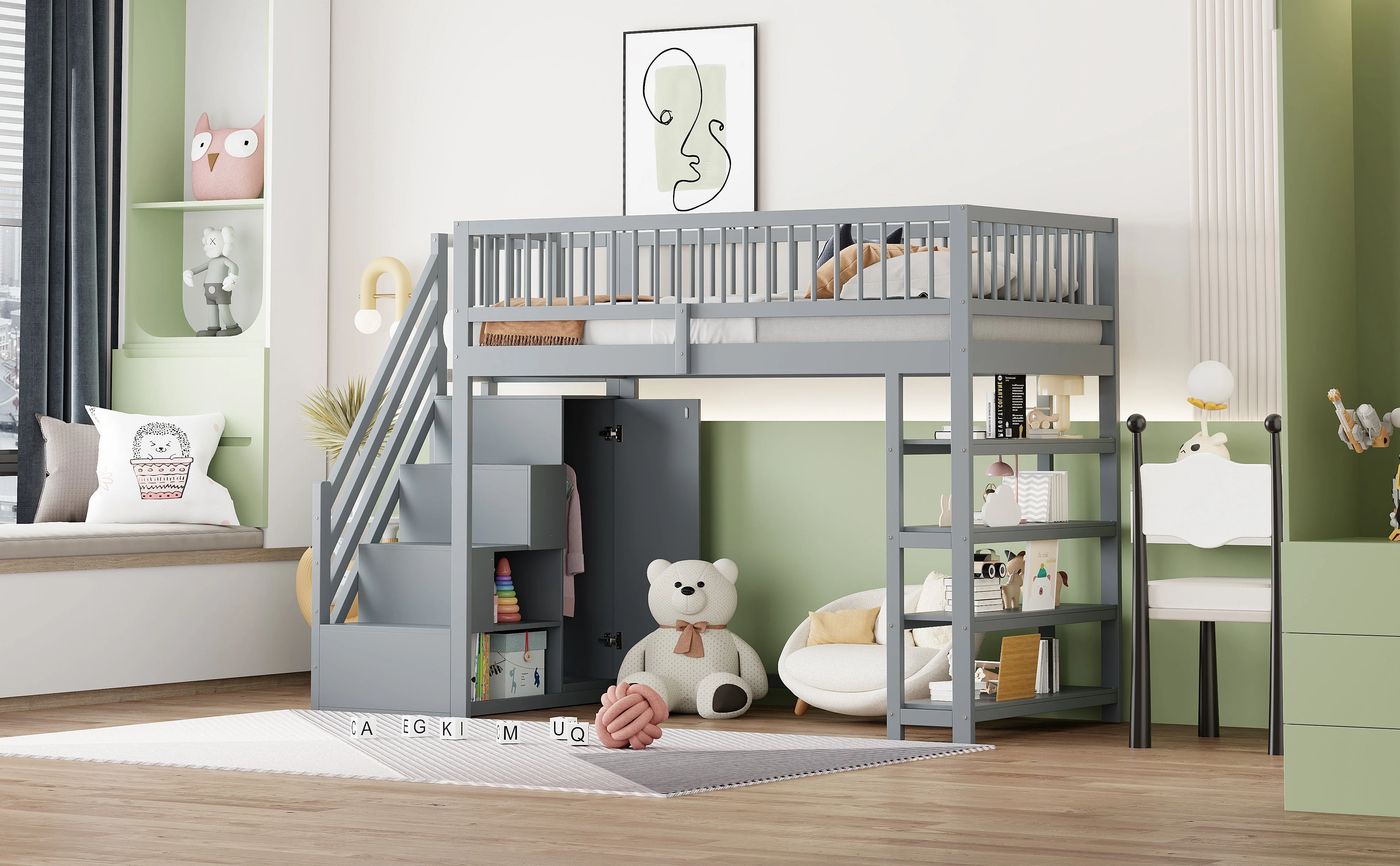 Loft Bed with Wardrobe, Shelves, Storage, Ladder, 90 x 200, Solid Wood, Grey - Image 6