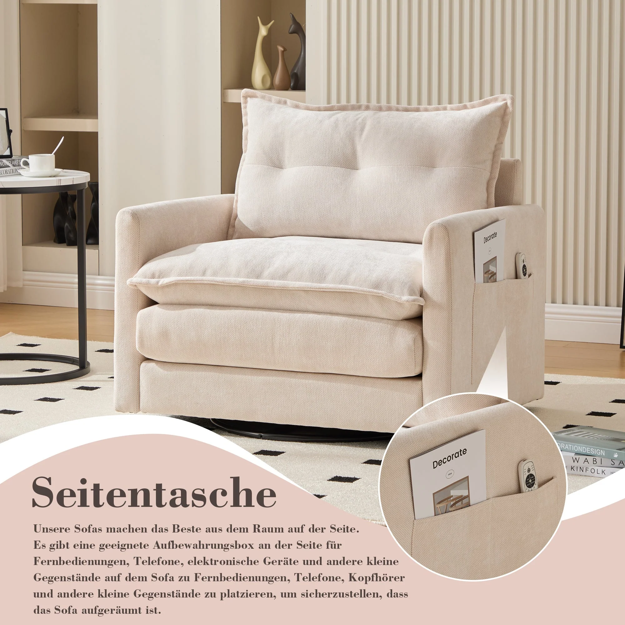 Lounge Chair, 360° Rotating, Armrests & Cushions, Modern Style - Image 2