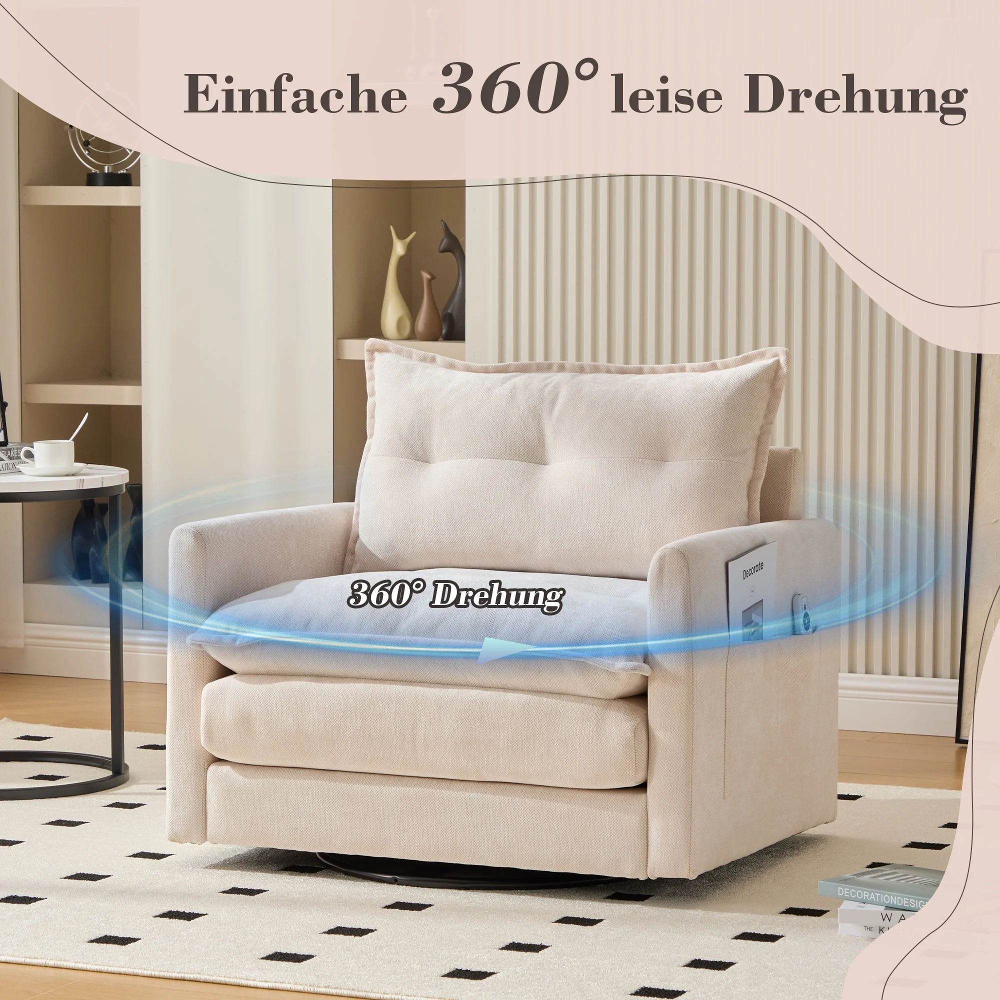 Lounge Chair, 360° Rotating, Armrests & Cushions, Modern Style - Image 4