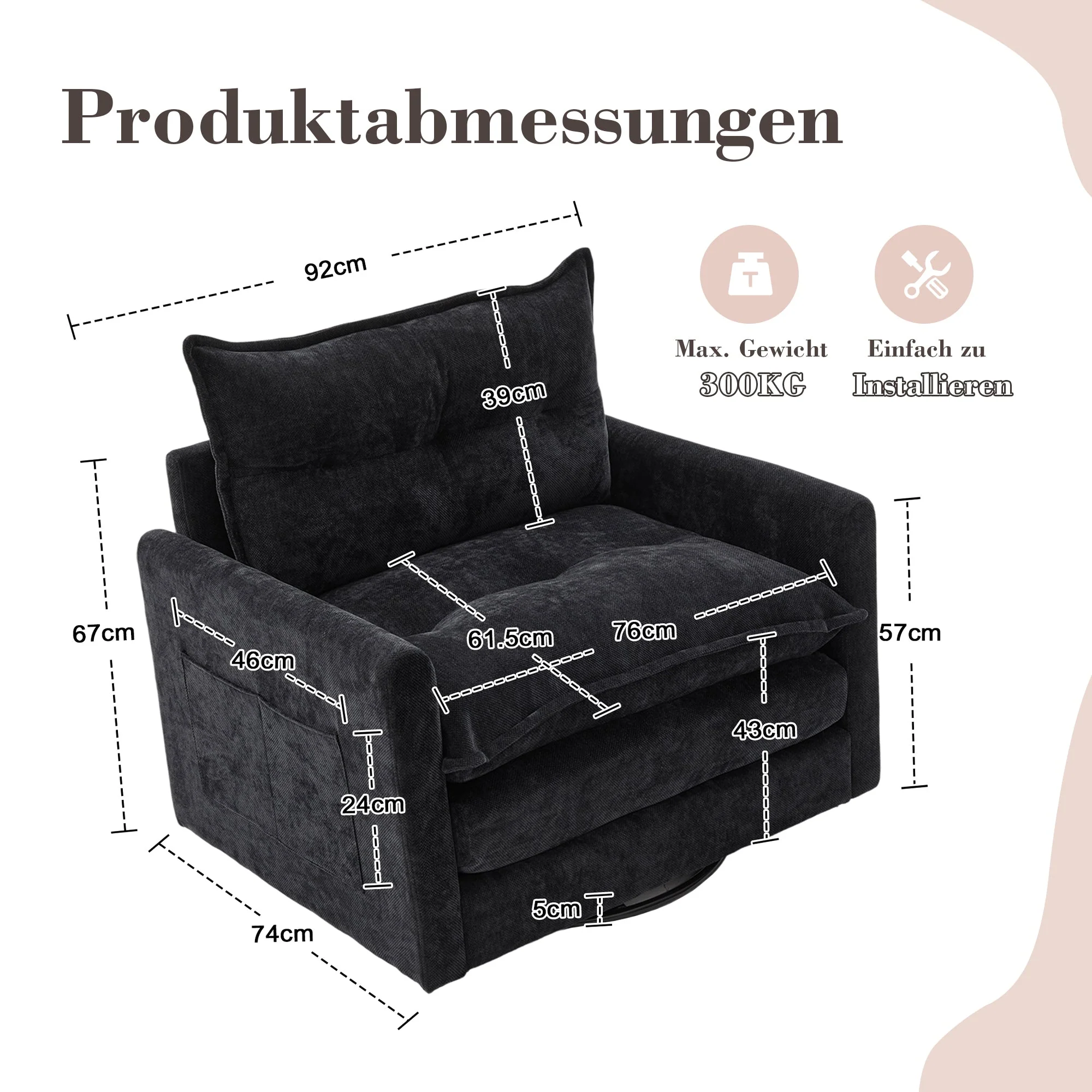Lounge Chair, 360° Rotating, Armrests, Single Sofa, Modern Style, Cushions - Image 7