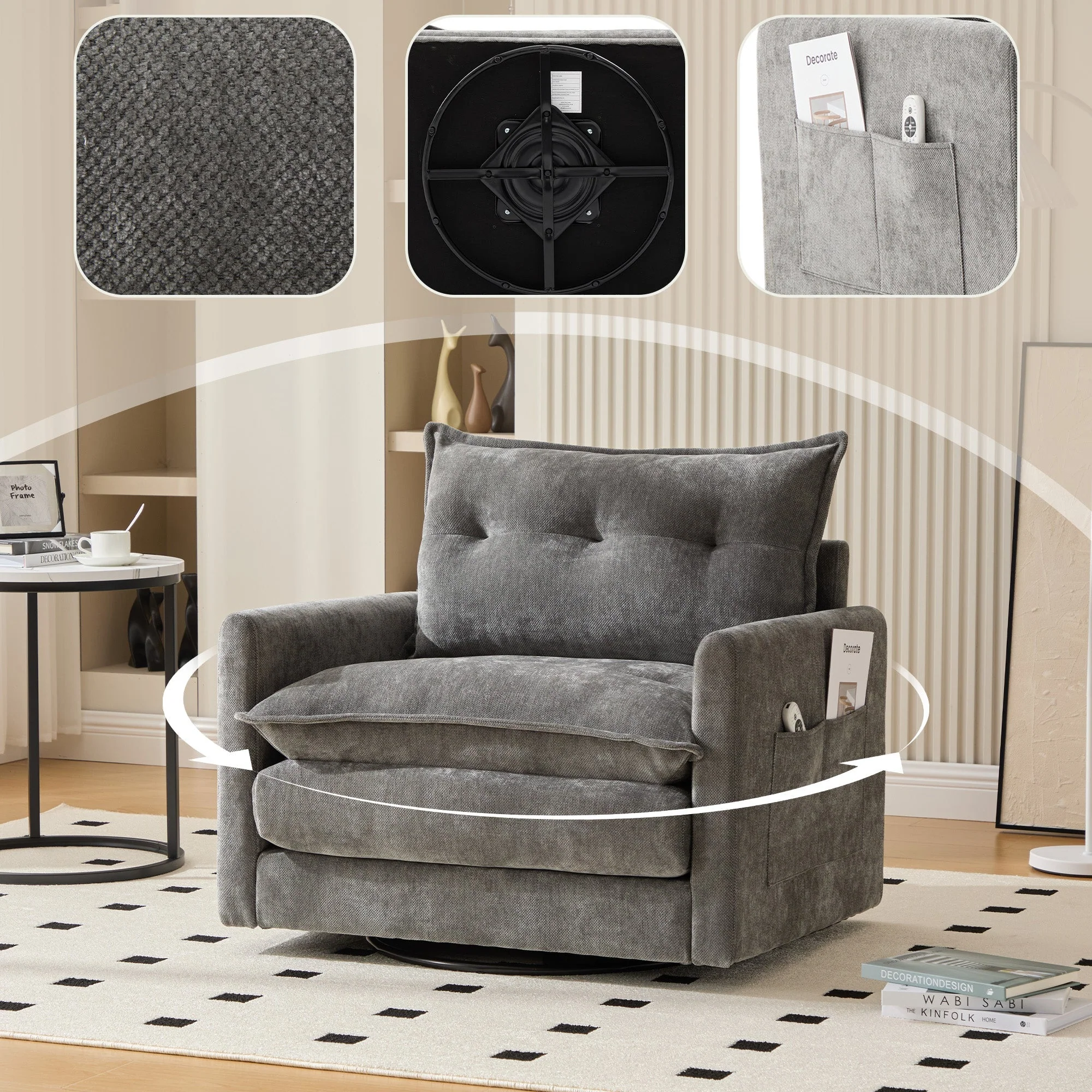 Lounge Chair | 360° Swivel Armrests Large Single Sofa Modern Style Cushions | Armchair