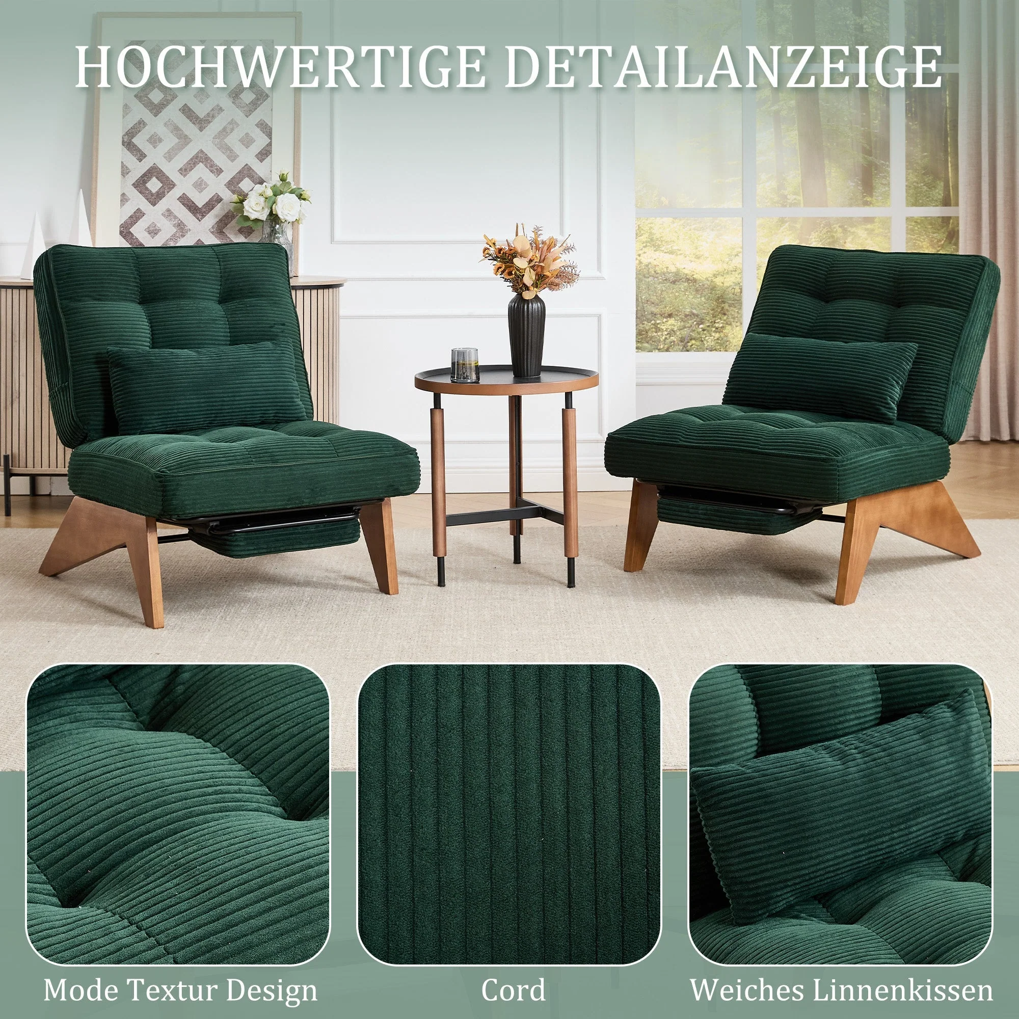 Lounge Chair Adjustable Backless Footrest Lumbar Cushion, Fabric Wooden Legs - Image 2
