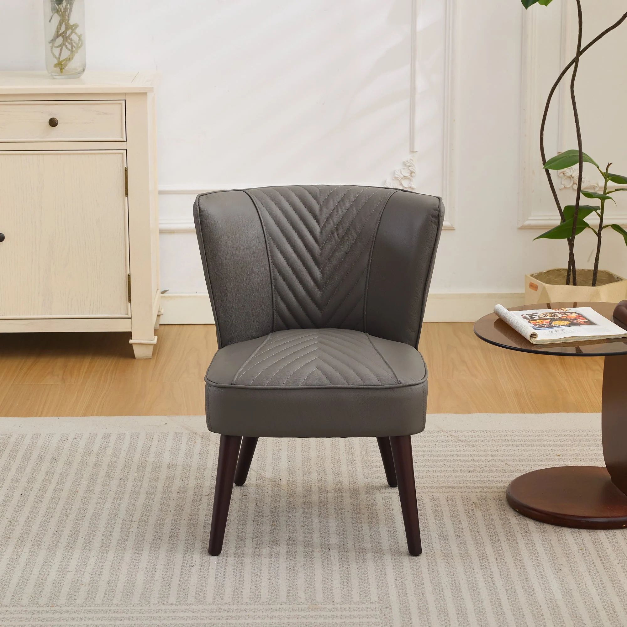 Lounge Chair Armless Genuine Leather Rubberwood Base - Grey - Image 9