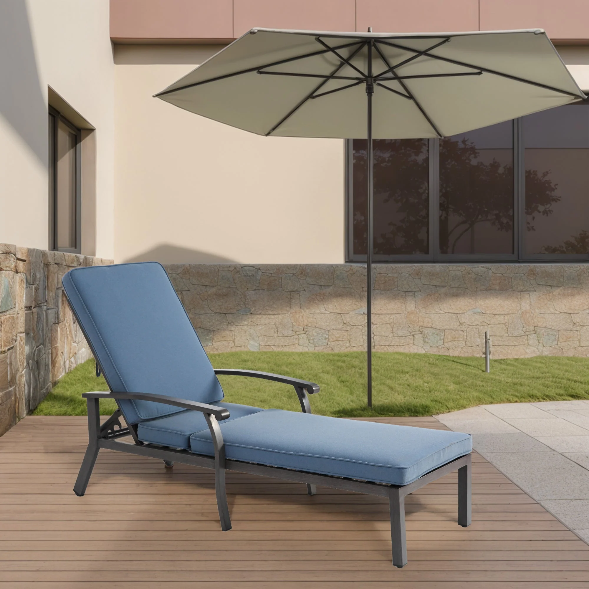 Lounge Patio Chair, Adjustable Reclining Rustproof Aluminum, Waterproof Blue Cushion