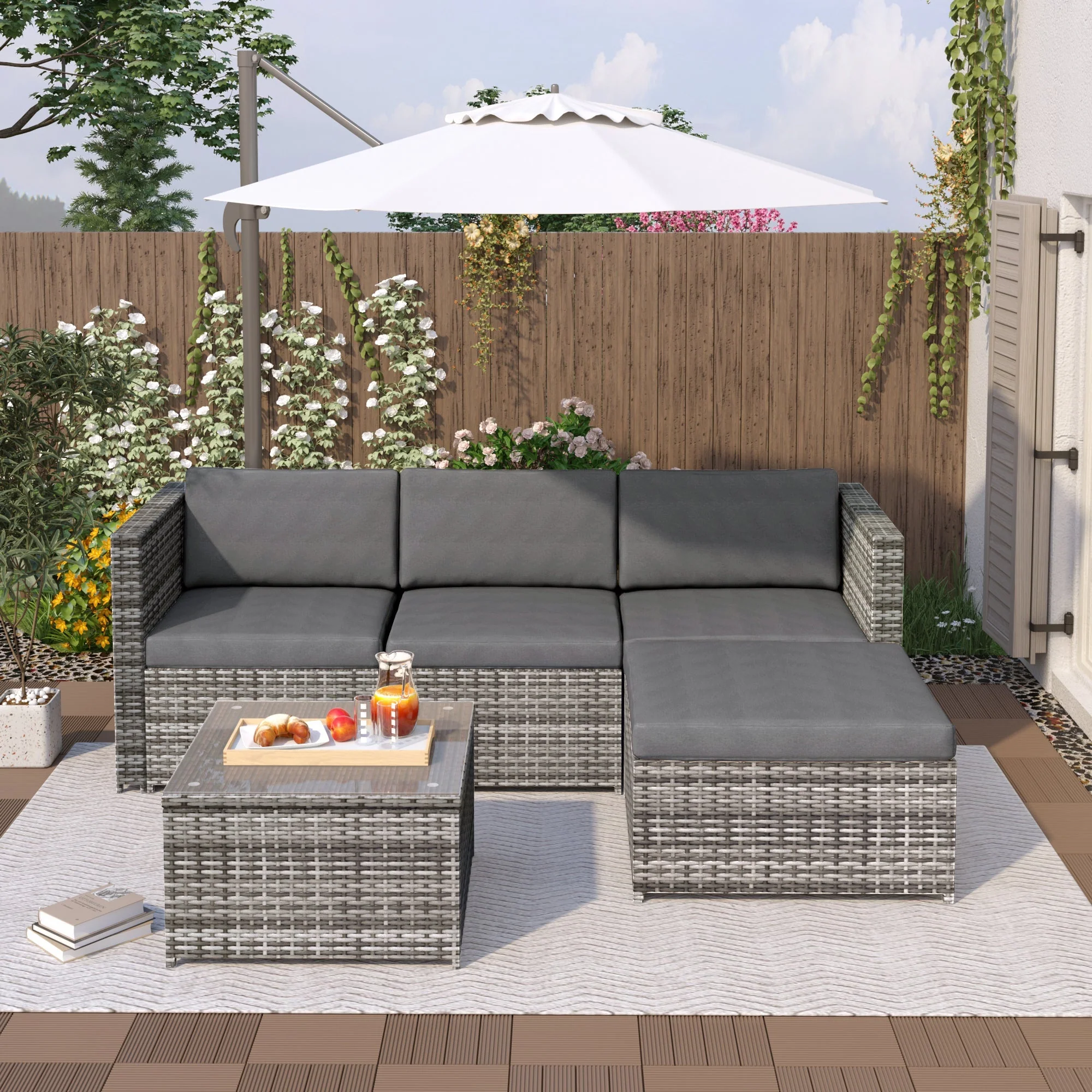 Lounge Sofa Set with Corner Sofa, Cushions and Glass Top Table, Grey Polyrattan - Image 8