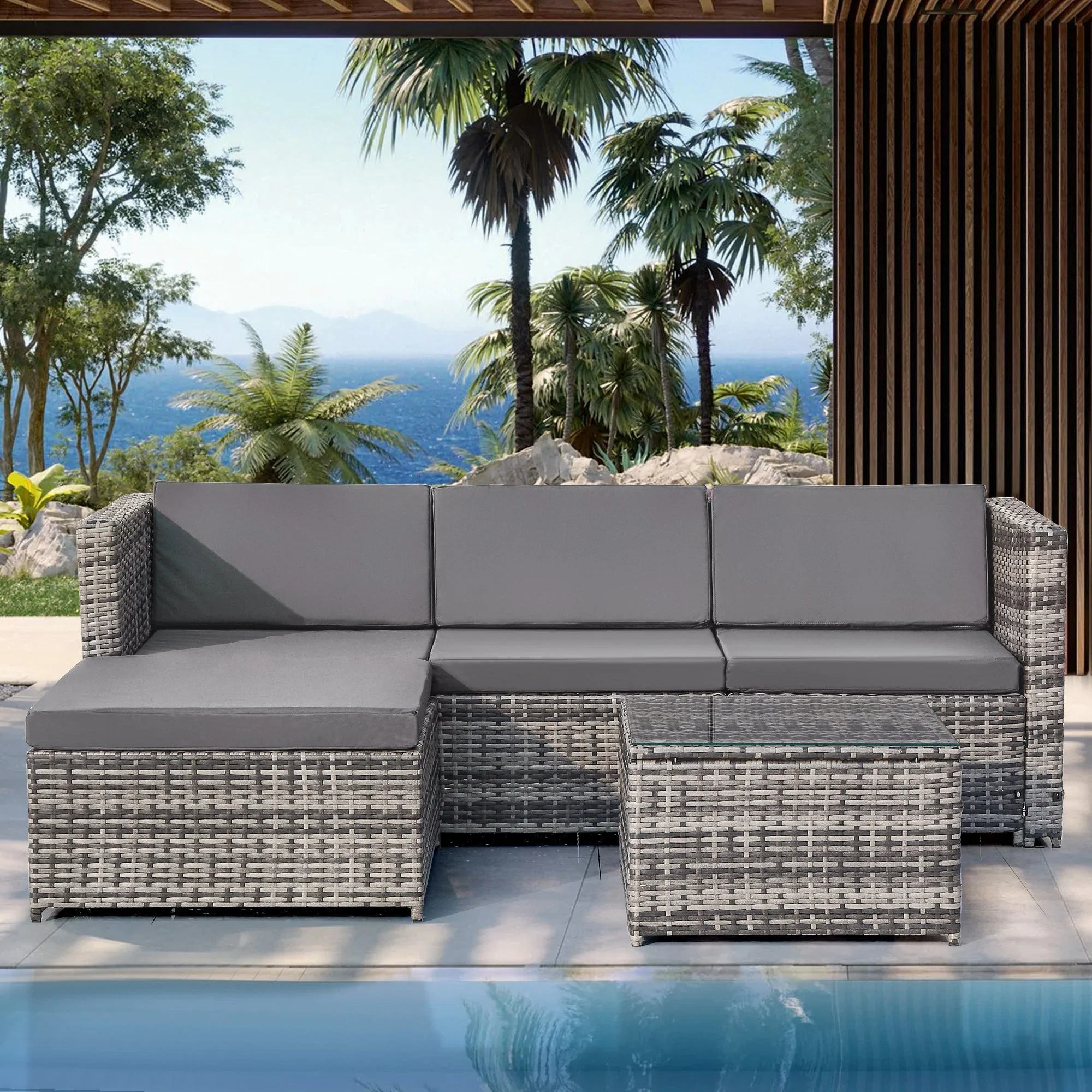 Lounge Sofa Set with Corner Sofa, Cushions and Glass Top Table, Grey Polyrattan - Image 9