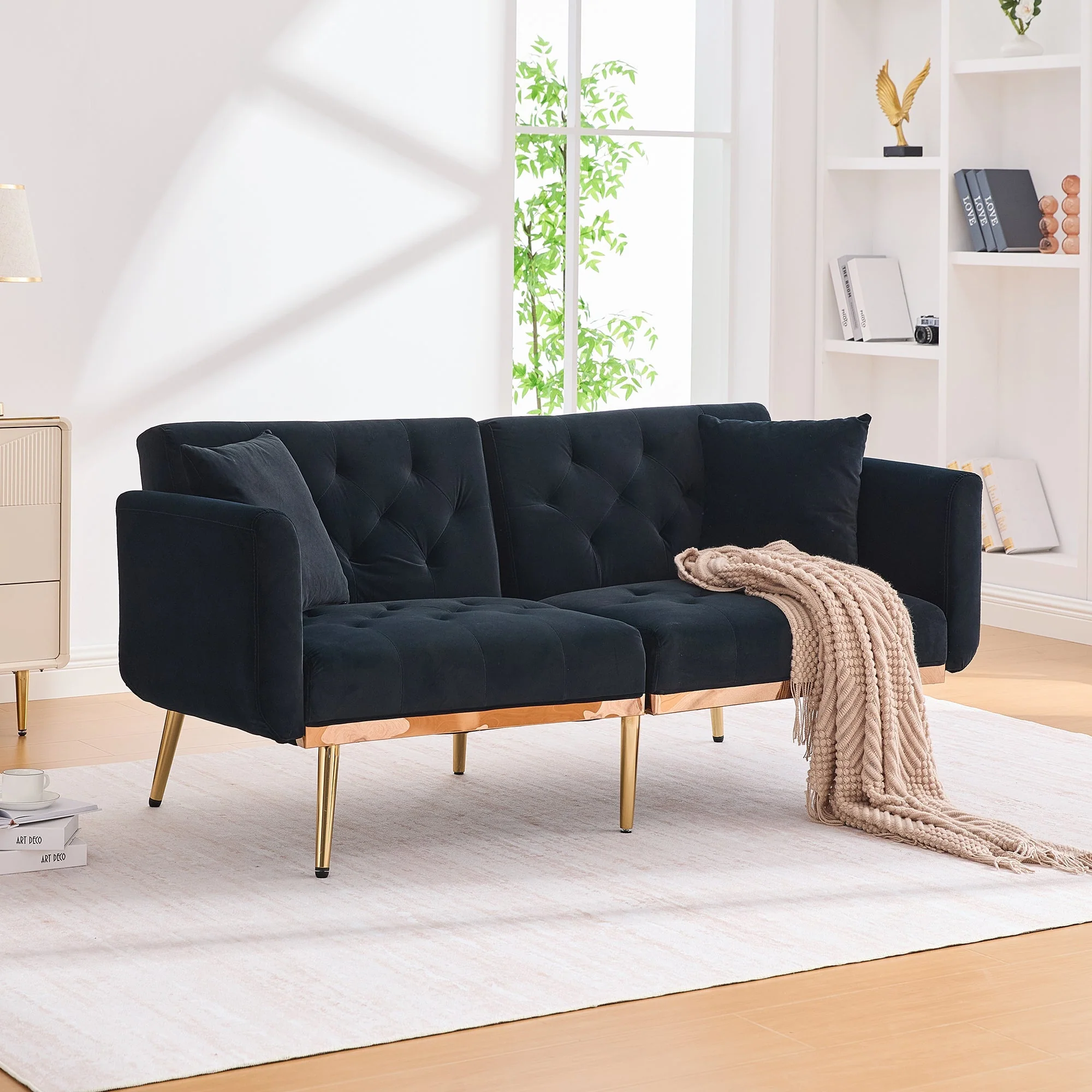 Loveseat, 2-Seater Sofa Bed with Adjustable Backrest, Black Velvet - Image 10