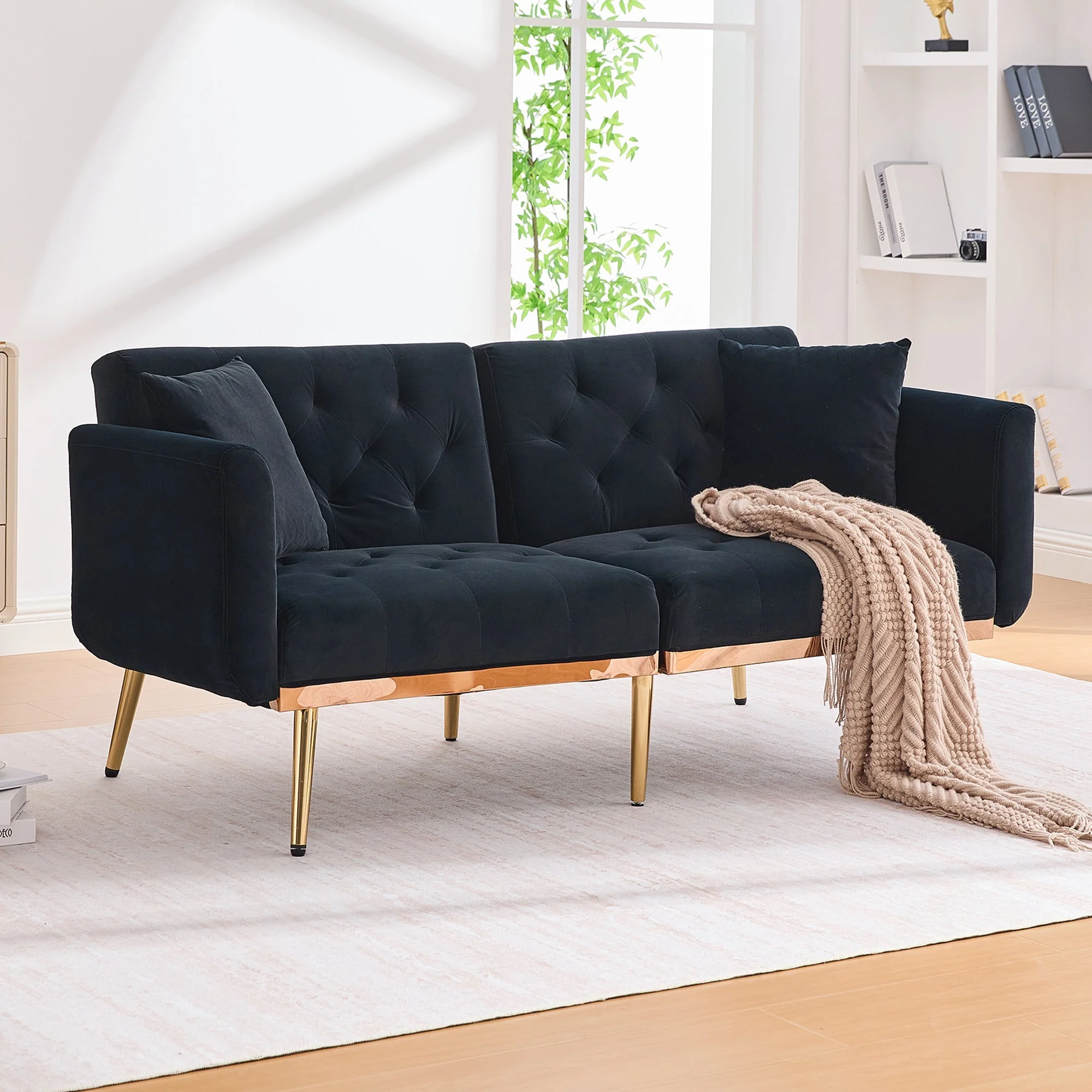 Loveseat, 2-Seater Sofa Bed with Adjustable Backrest, Black Velvet - Image 5