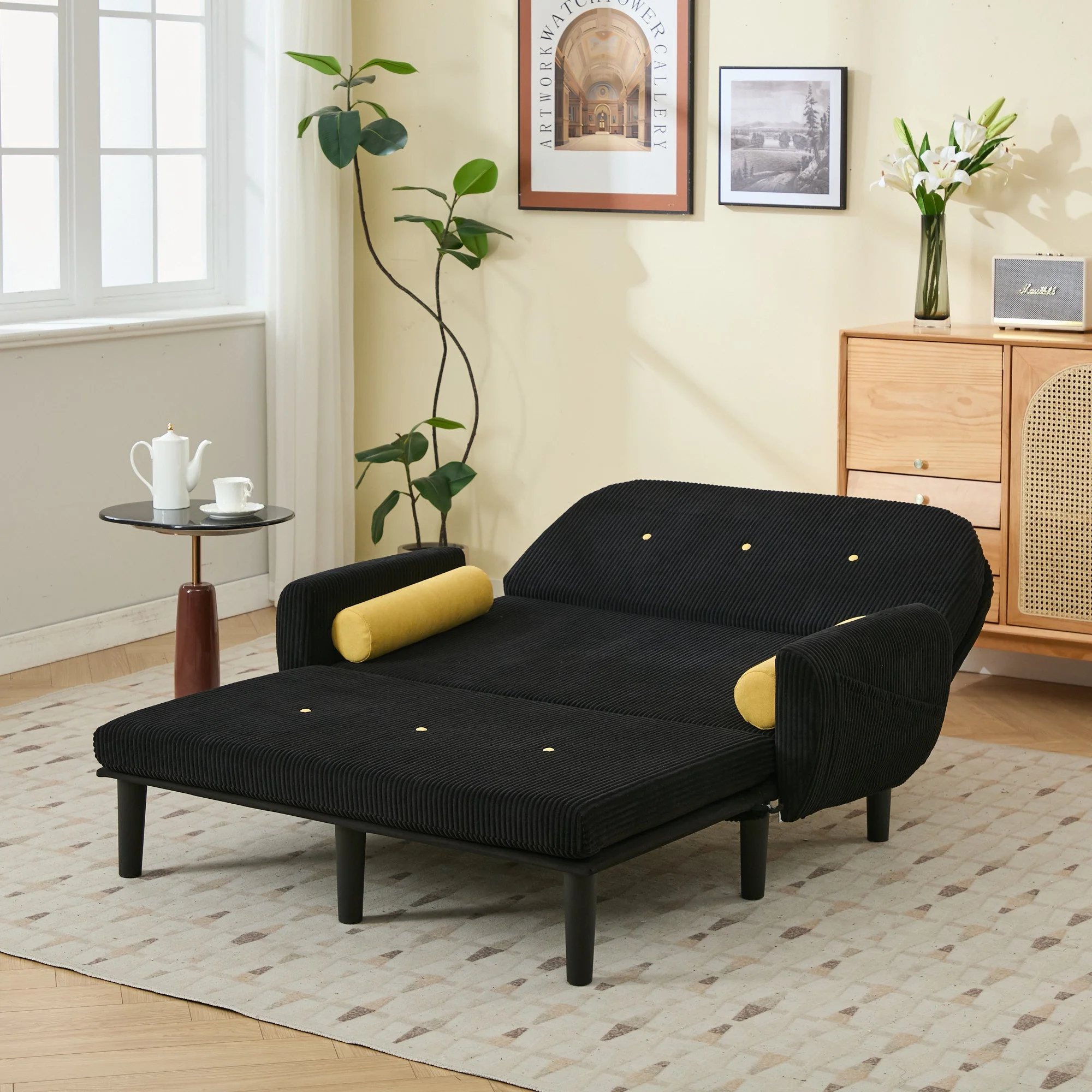 Loveseat Sofa Daybed Recliner with Storage Space, Black Corduroy - Image 5