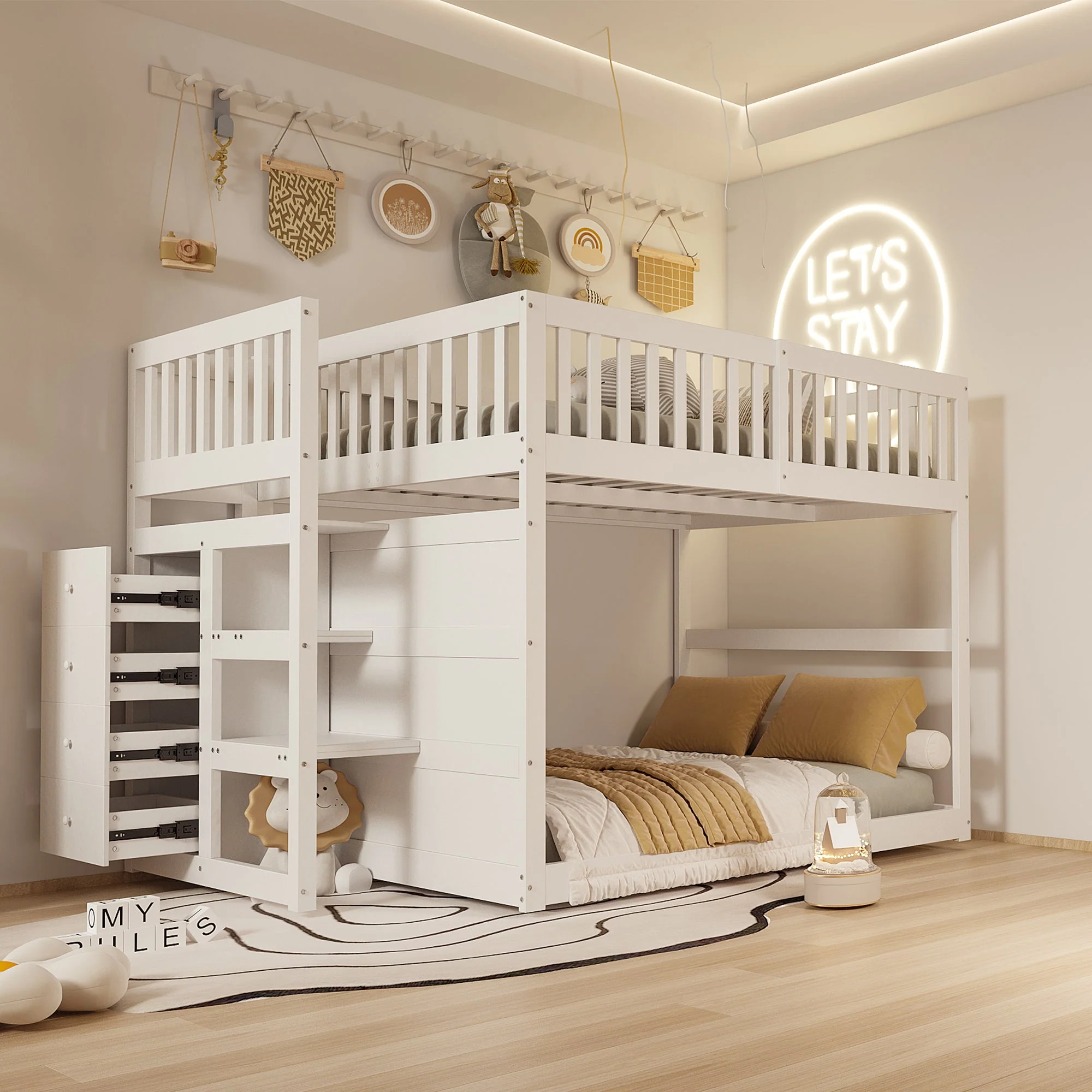Low Bunk Bed, 140x200cm Safety with Storage & High Fence, Wooden White