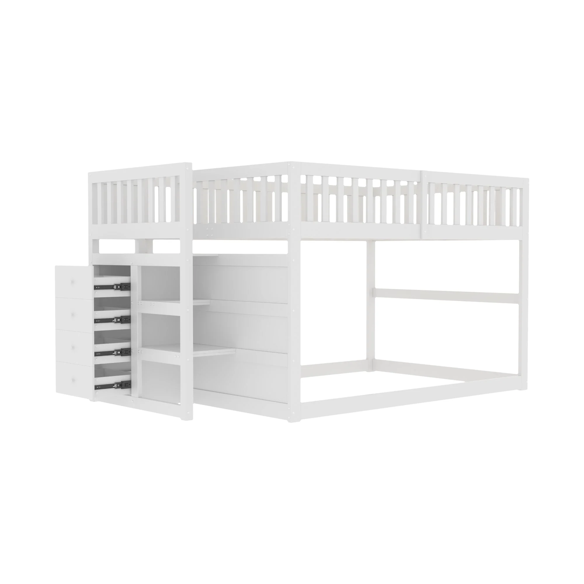 Low Bunk Bed, 140x200cm Safety with Storage & High Fence, Wooden White - Image 6