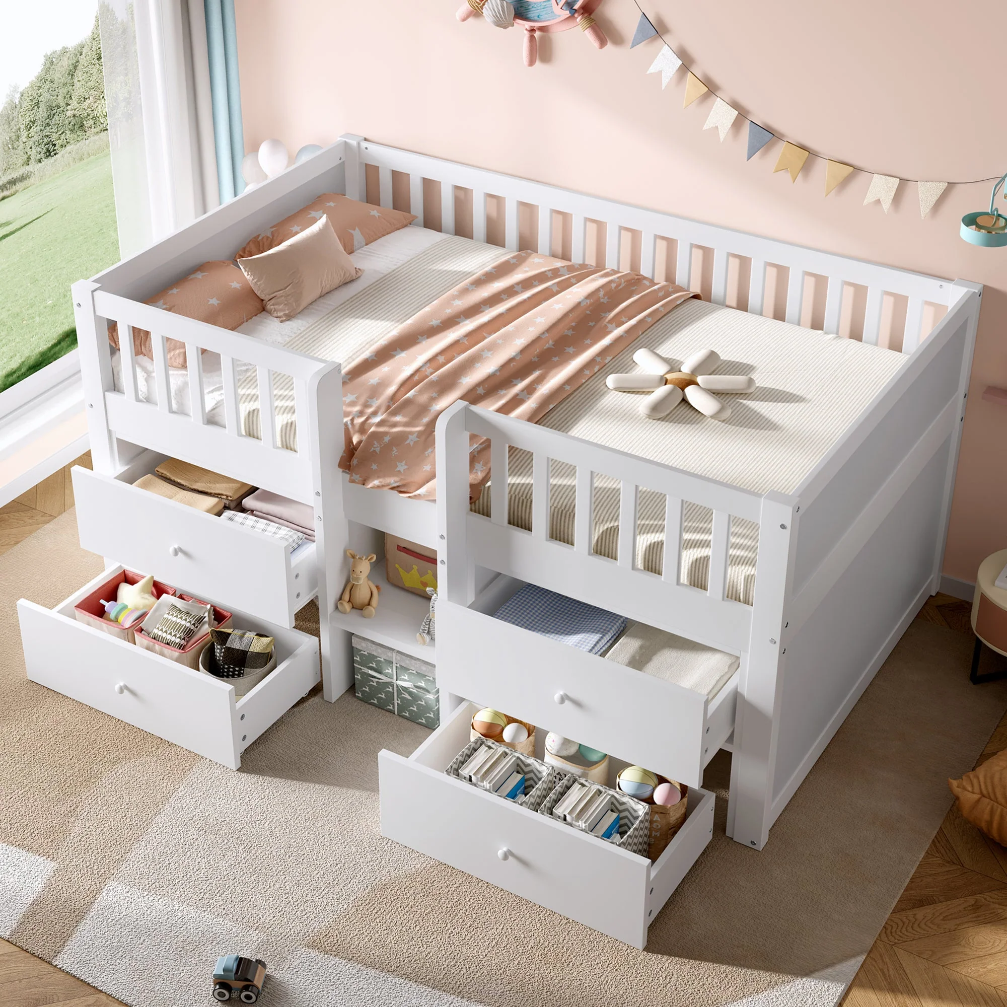 Low Loft Bed with Storage, 3ft Single Bed with Guardrail, Solid Wood, White - Image 3