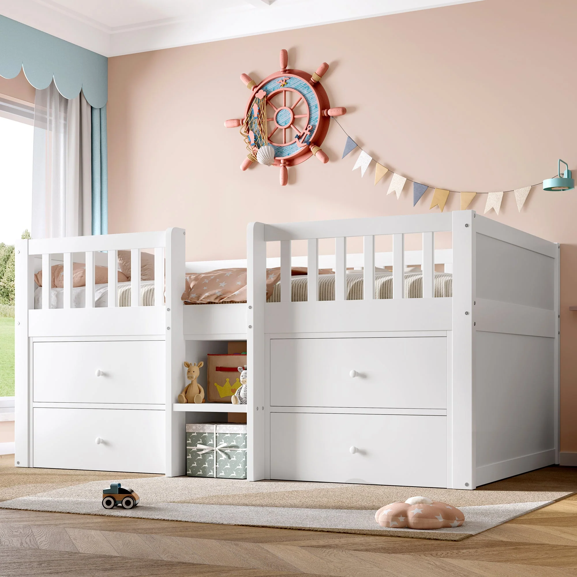Low Loft Bed with Storage, 3ft Single Bed with Guardrail, Solid Wood, White - Image 4