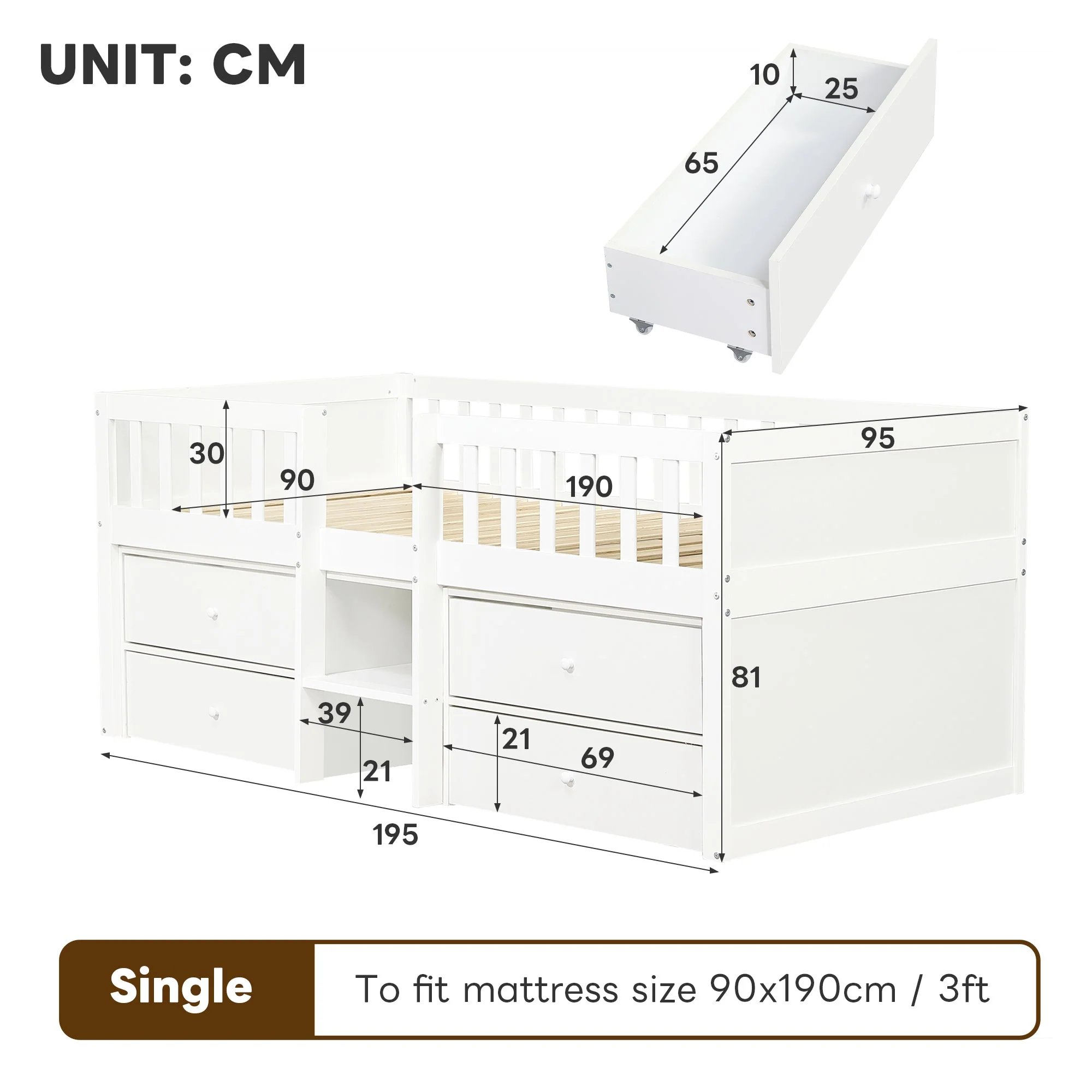 Low Loft Bed with Storage, 3ft Single Bed with Guardrail, Solid Wood, White - Image 5