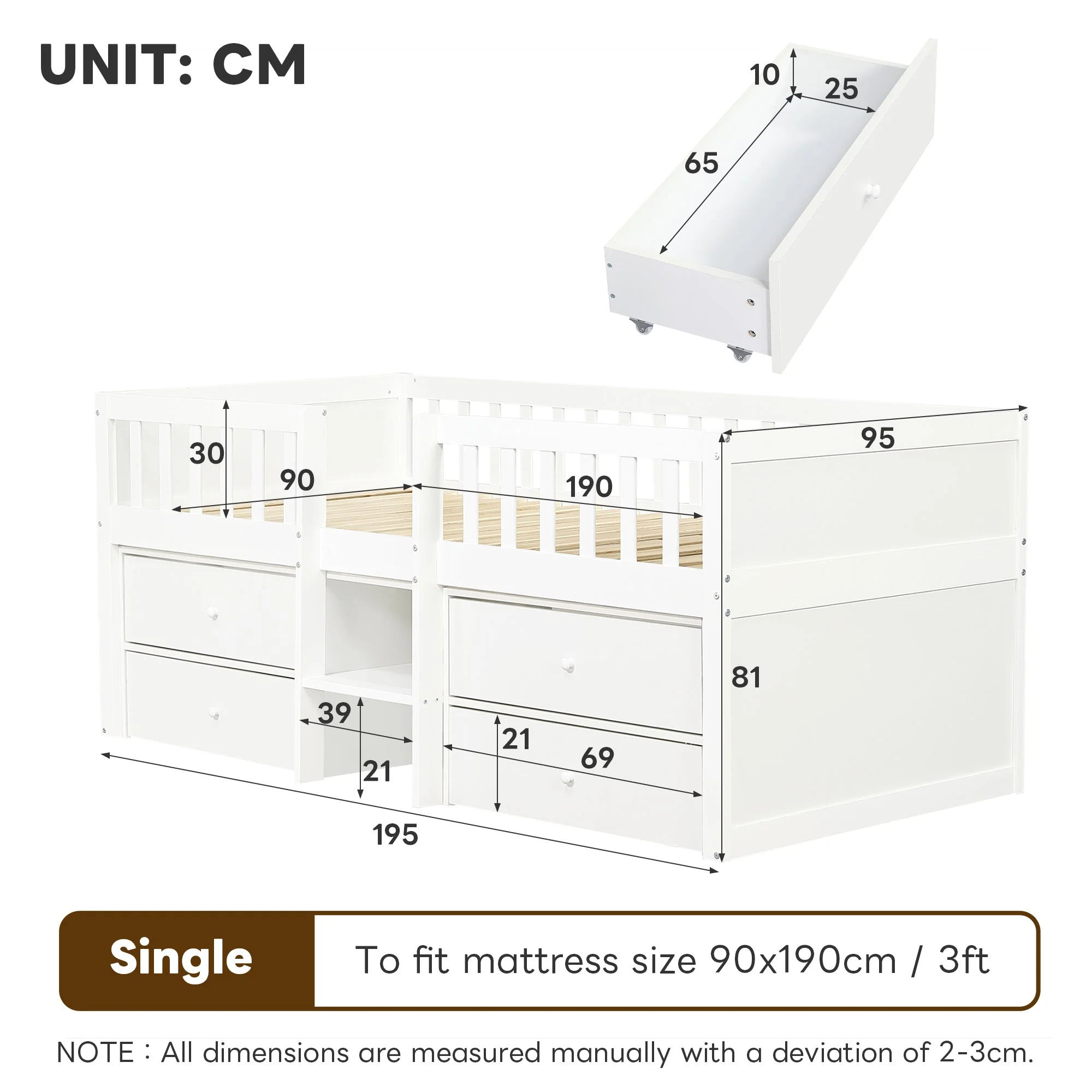 Low Loft Bed with Storage, 3ft Single Bed with Guardrail, Solid Wood, White - Image 6