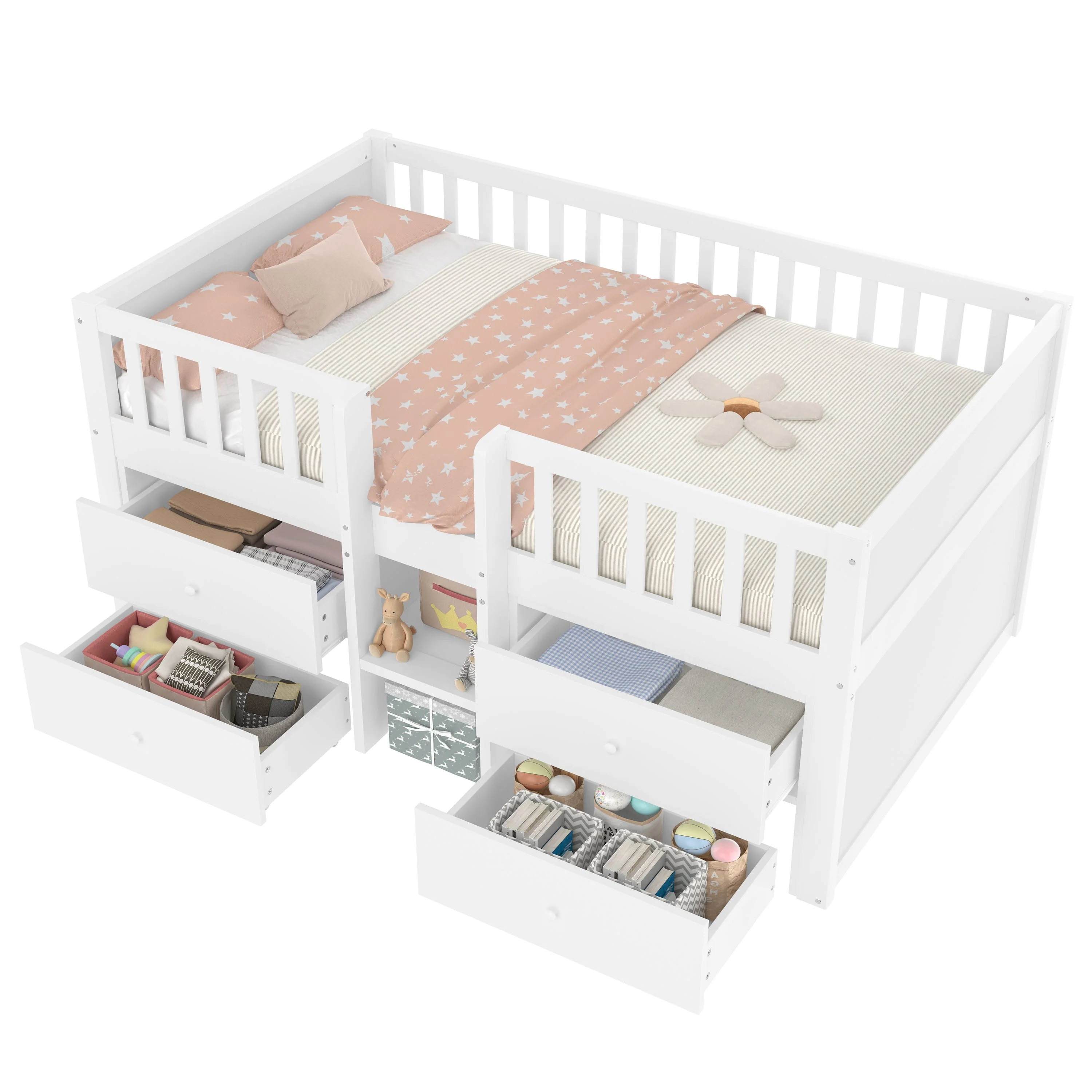 Low Loft Bed with Storage, 3ft Single Bed with Guardrail, Solid Wood, White - Image 7