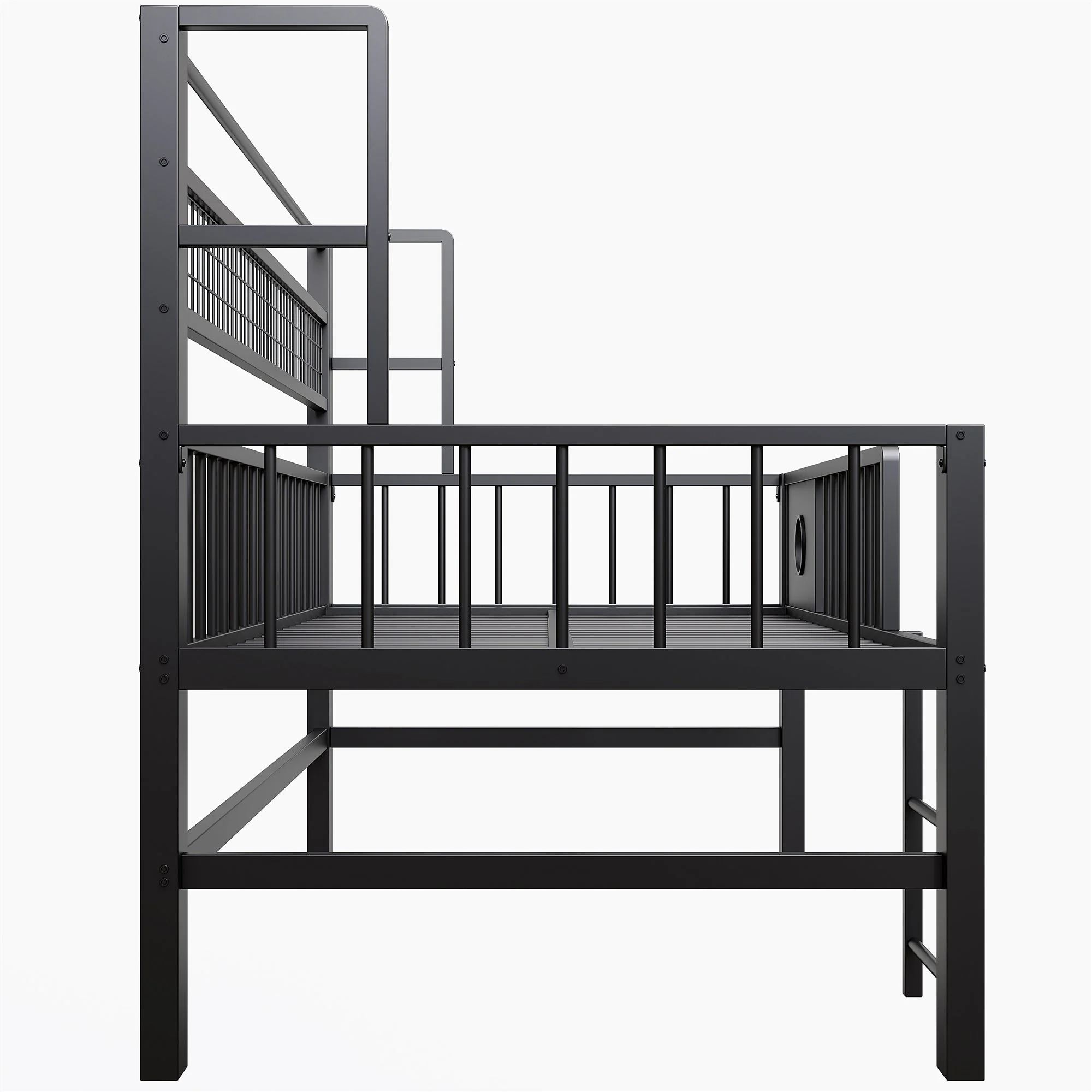Low Loft Bed with Storage Compartments, 90x200cm, Black Metal - Image 8