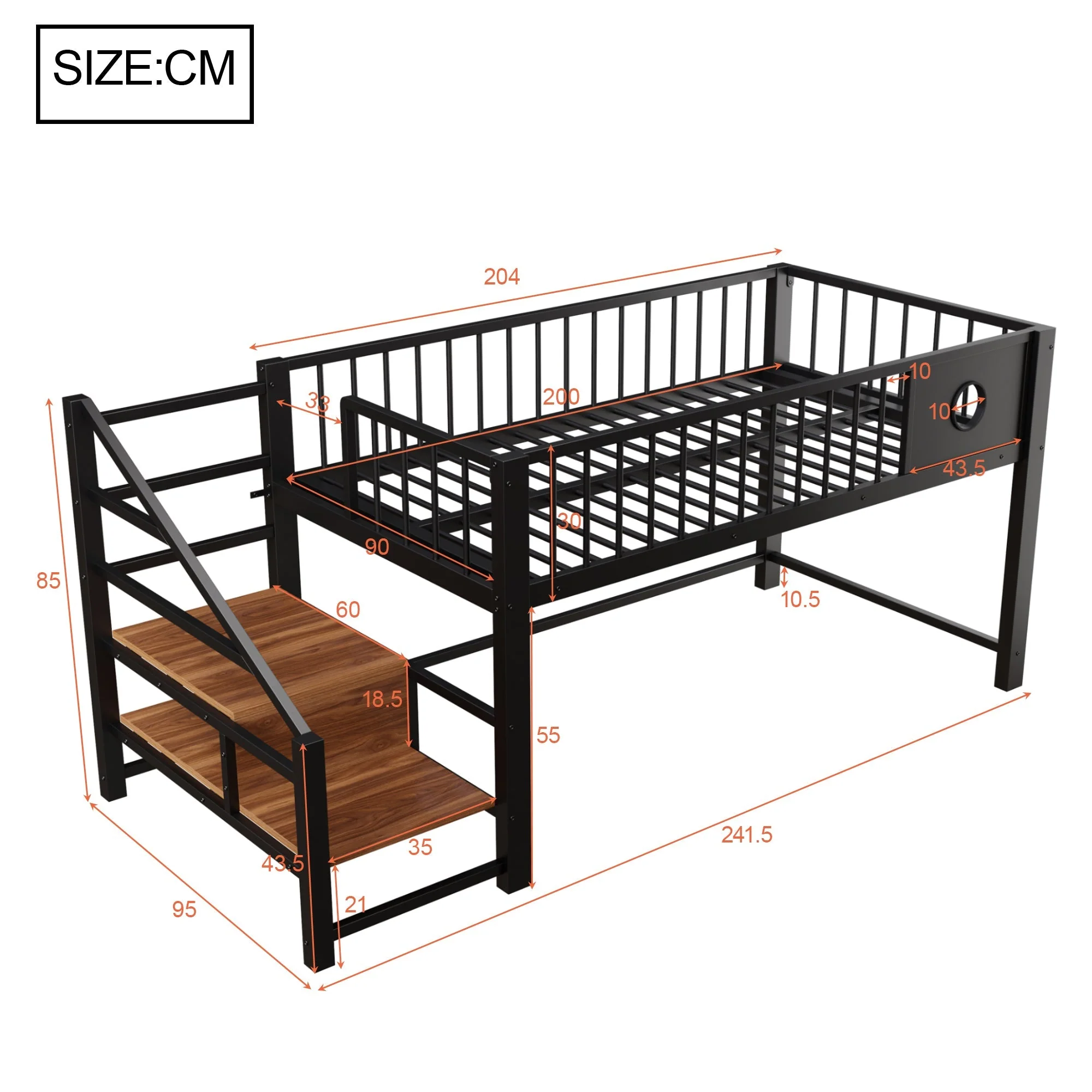 Low Loft Bed with Storage Ladder and Metal Frame, 90x200cm, Black Metal - Image 7