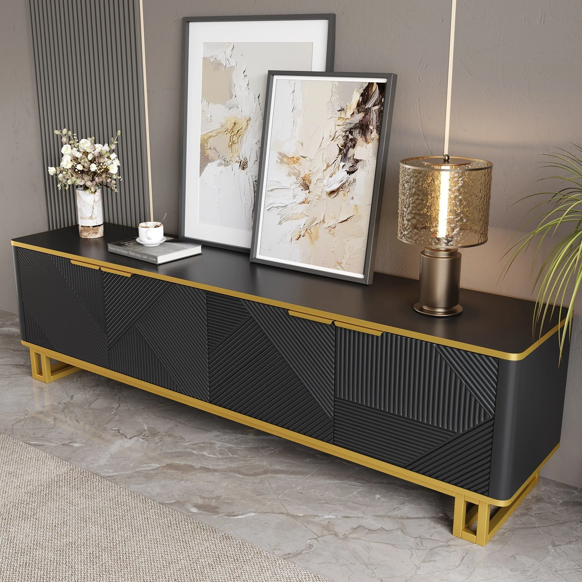 Low TV Stand 4 Doors Geometric Texture 160cm - Image 5