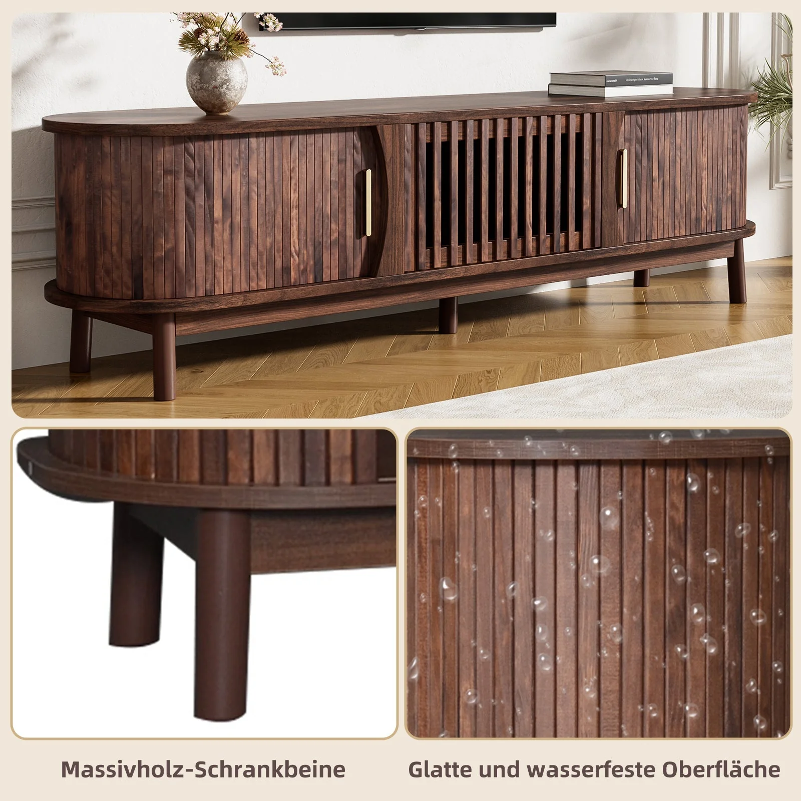 Lowboard TV Cabinet, 165 x 39.5 x 46 cm Sliding Door 65-inch TV Stand, Brown - Image 5