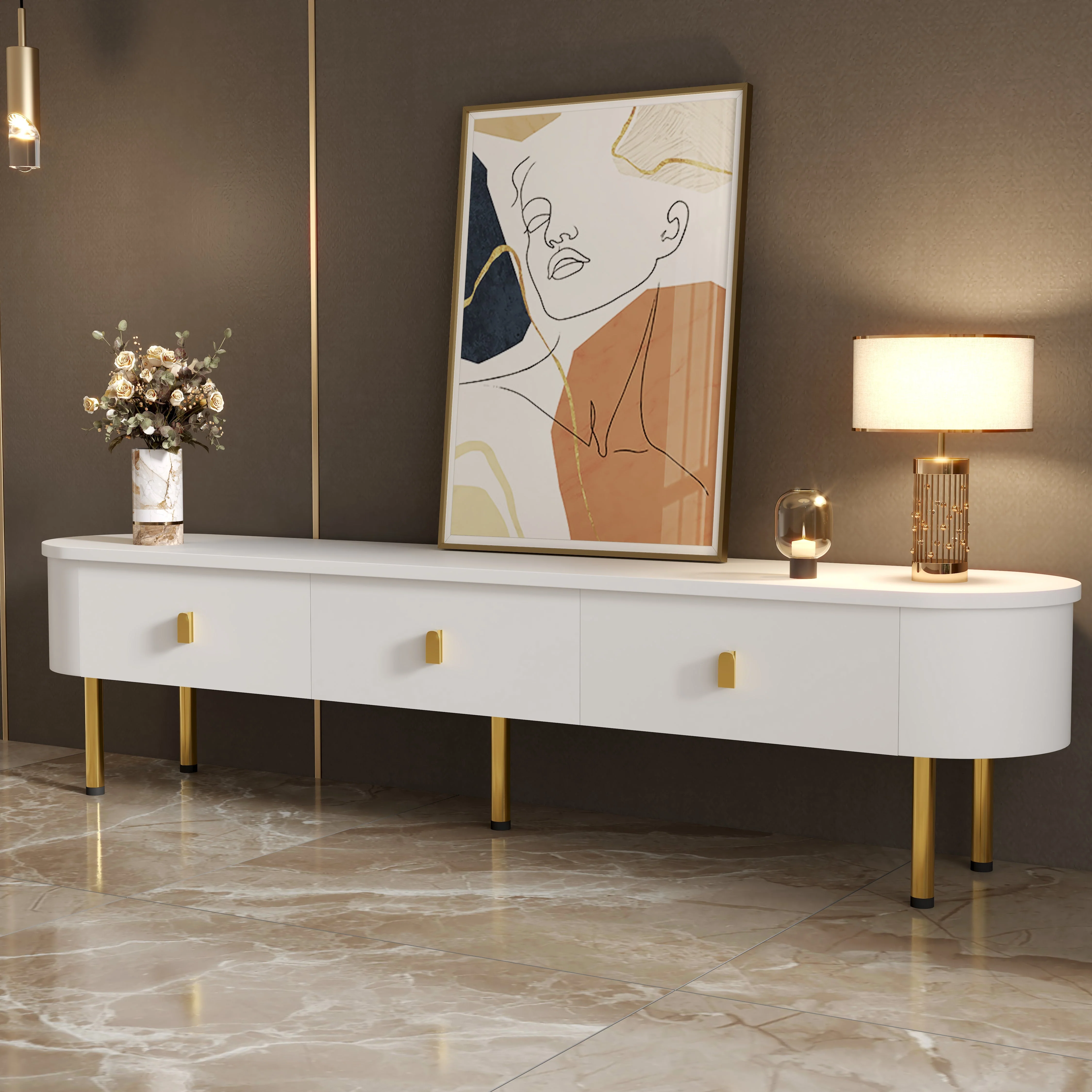 Lowboard TV Cabinet, Drawers with Golden Handles & Legs, Curved Corners - Image 3