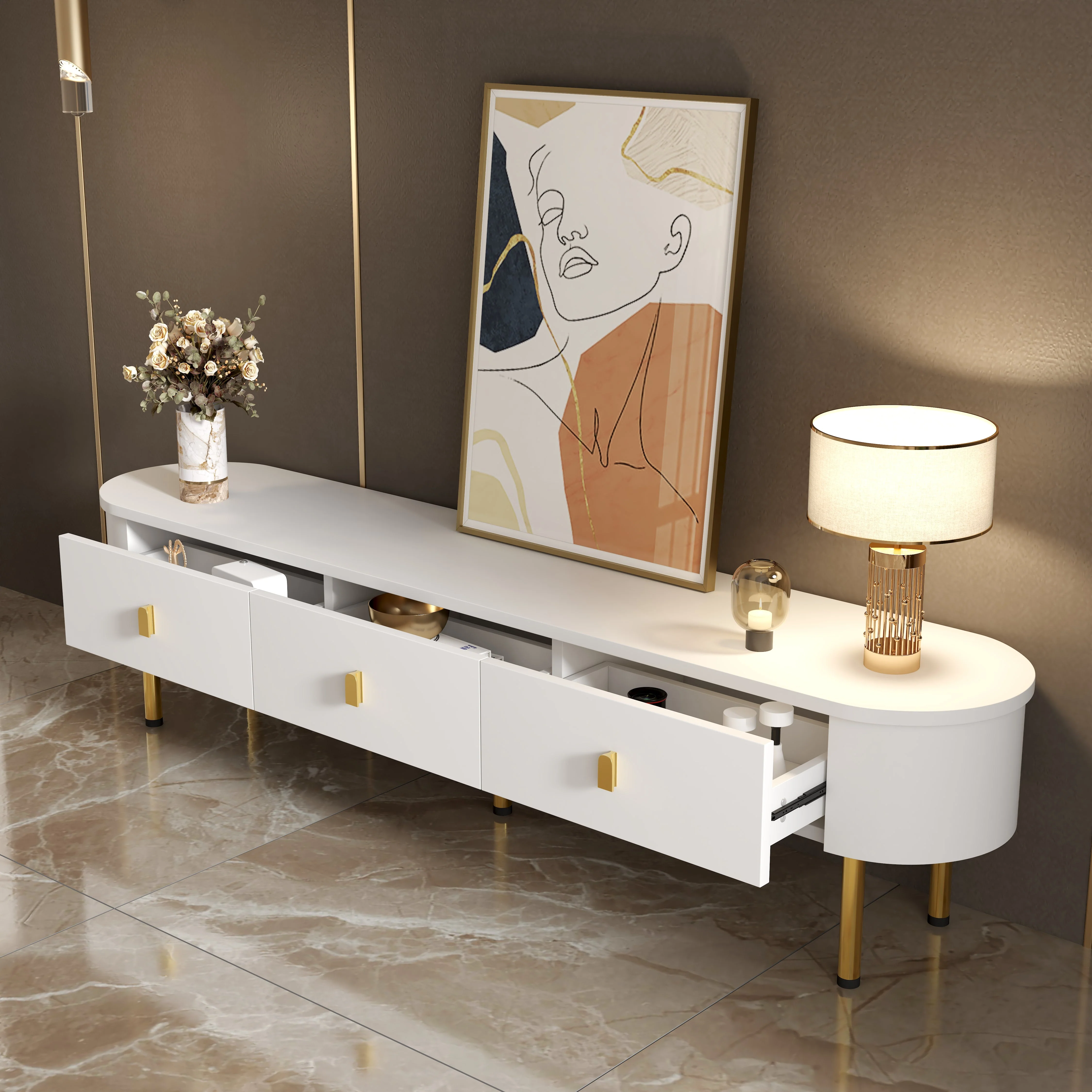 Lowboard TV Cabinet, Drawers with Golden Handles & Legs, Curved Corners - Image 4